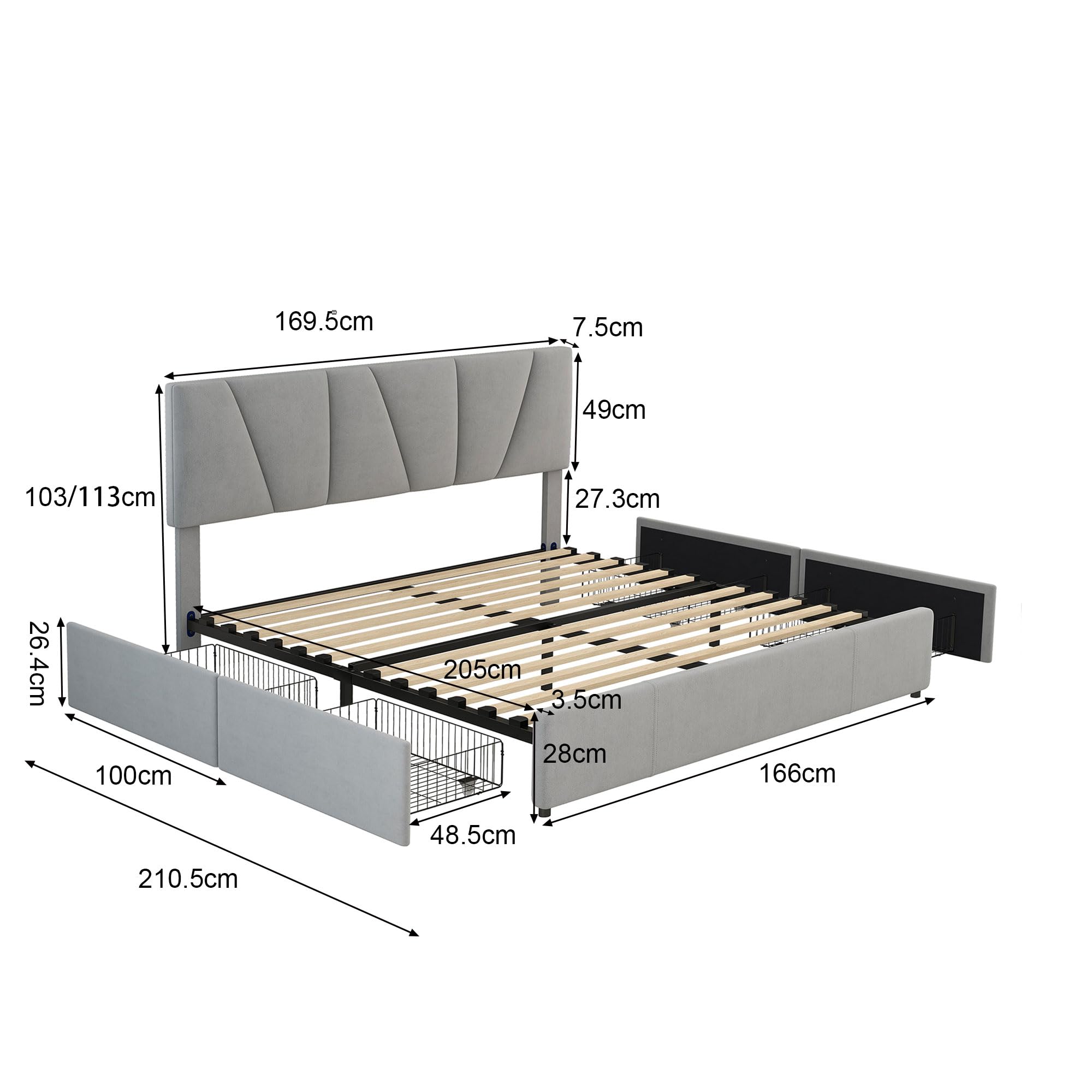 Dalamaní Letto Imbottito Velluto 160x200 Grigio 4 Cassetti