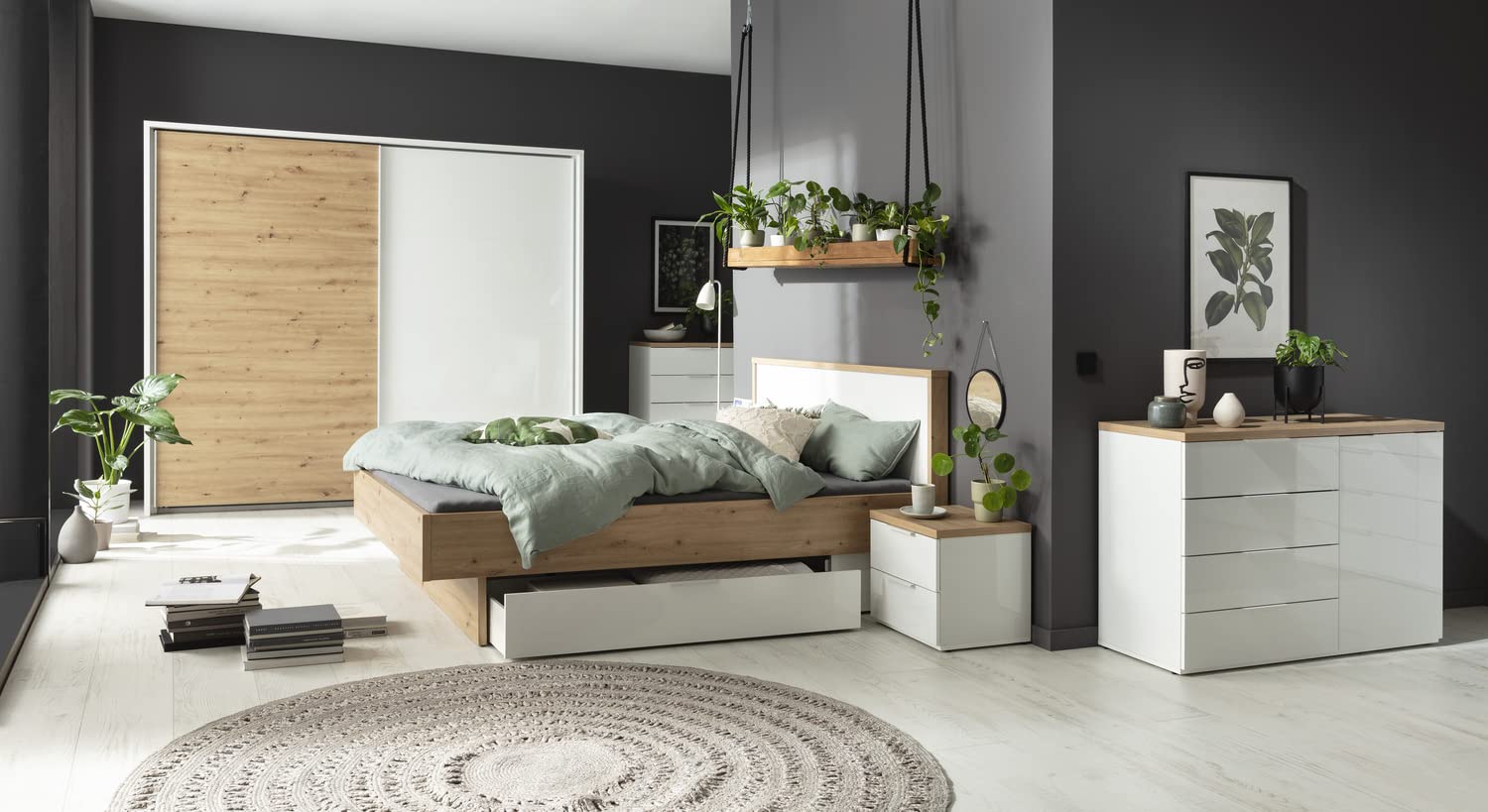 Composad Mundi Bedroom comodino 2 cassetti bianco rovere miele