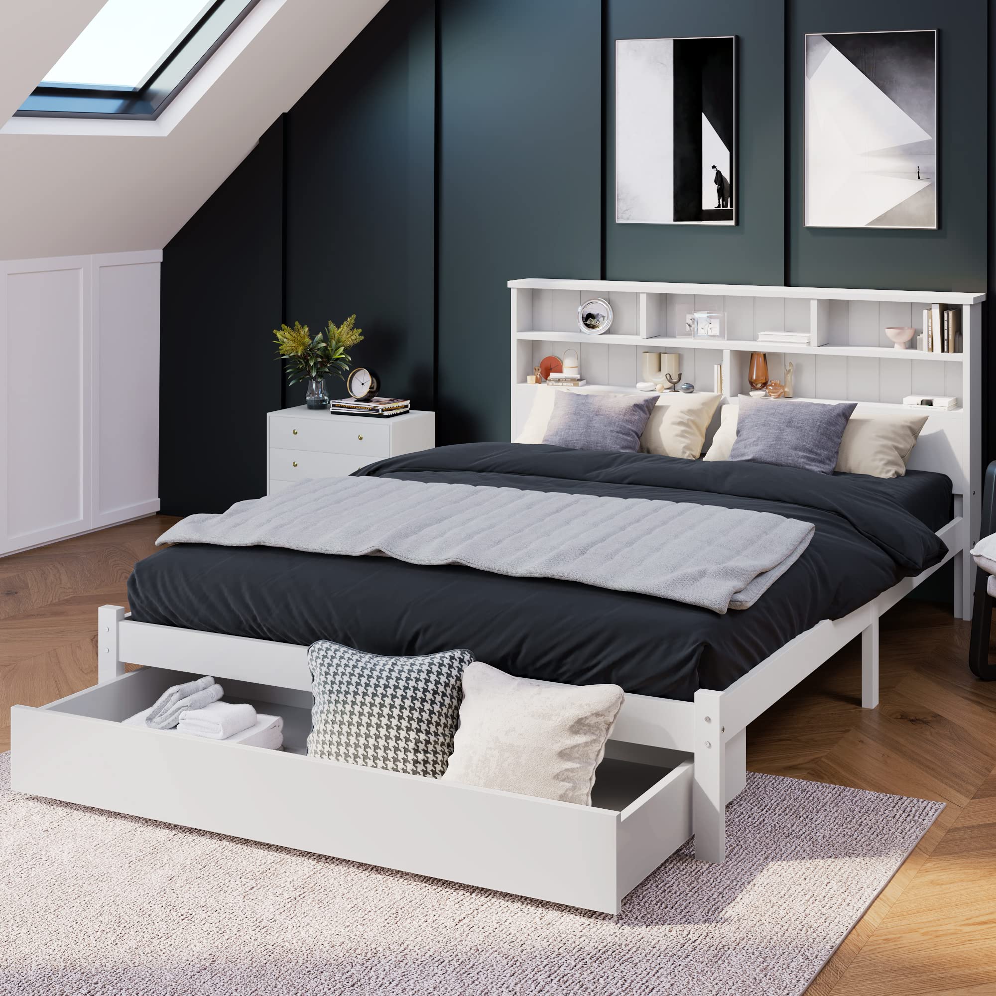 Dolamaní Letto Bianco 140x200 con Cassetti Legno Libreria