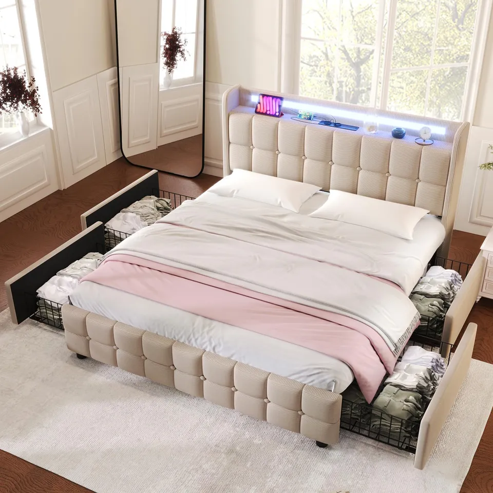 Dolamaní Letto Matrimoniale 180x200 Beige 4 Cassetti imbottito