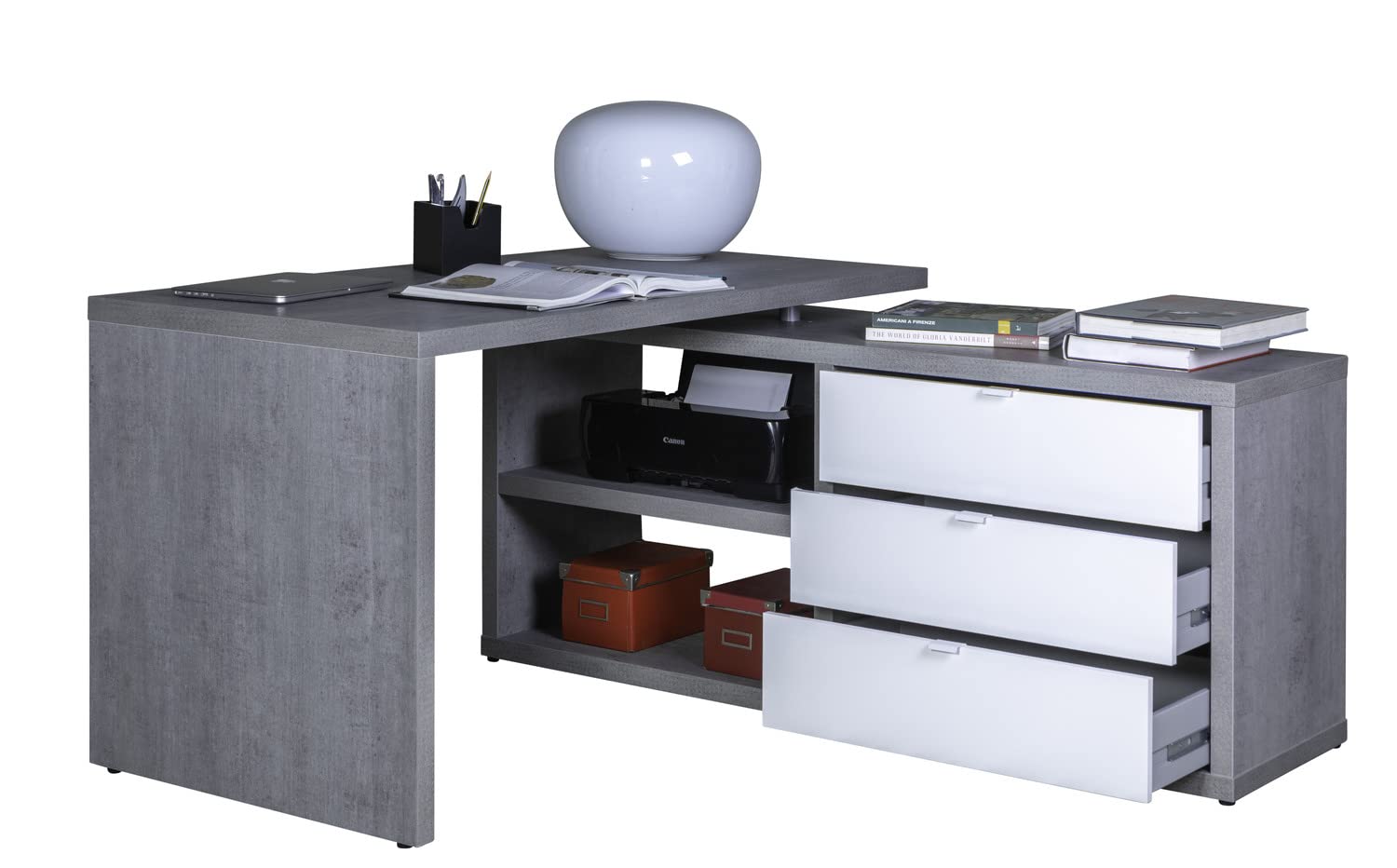 COMPOSAD Scrivania Angolare 3 Cassetti Grigio Cemento e Bianco