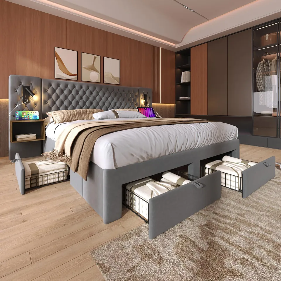 Dolamaní Letto Grigio 160x200 con Cassetti Velluto USB