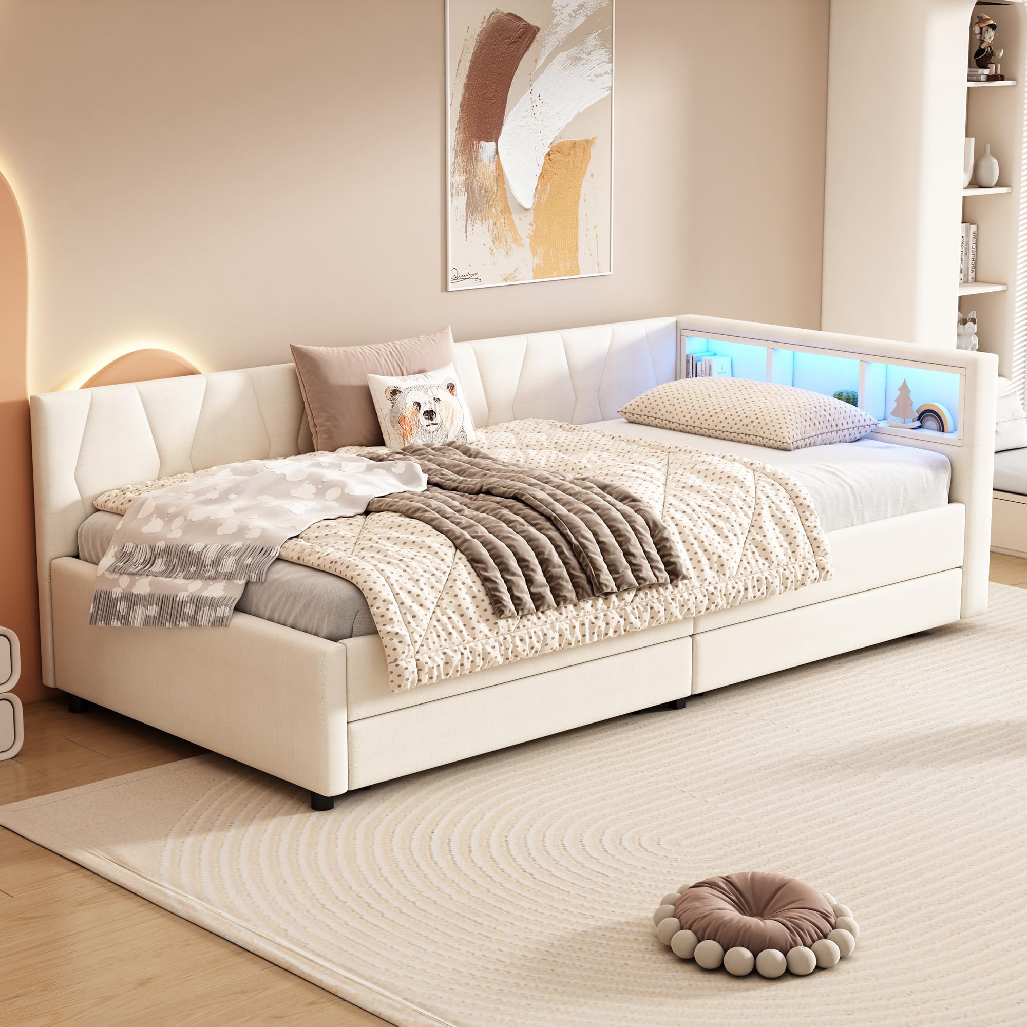 Dolamaní Letto Beige A 90x200 con Cassetti LED Lino