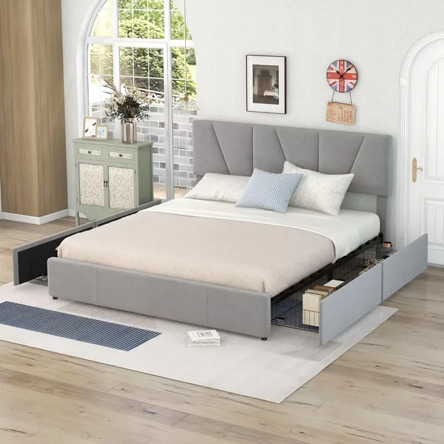 Dalamaní Letto Imbottito Velluto 160x200 Grigio 4 Cassetti
