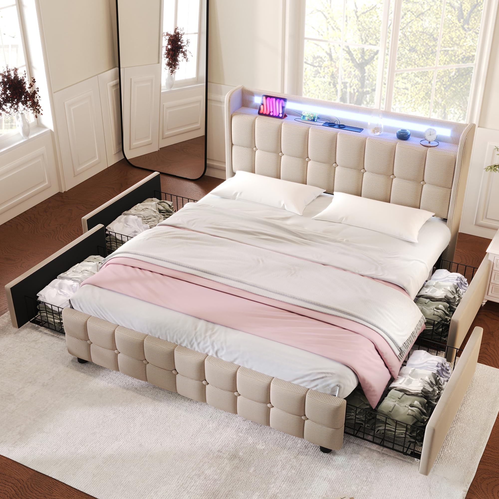 Dolamaní Letto Matrimoniale 180x200 Beige 4 Cassetti imbottito