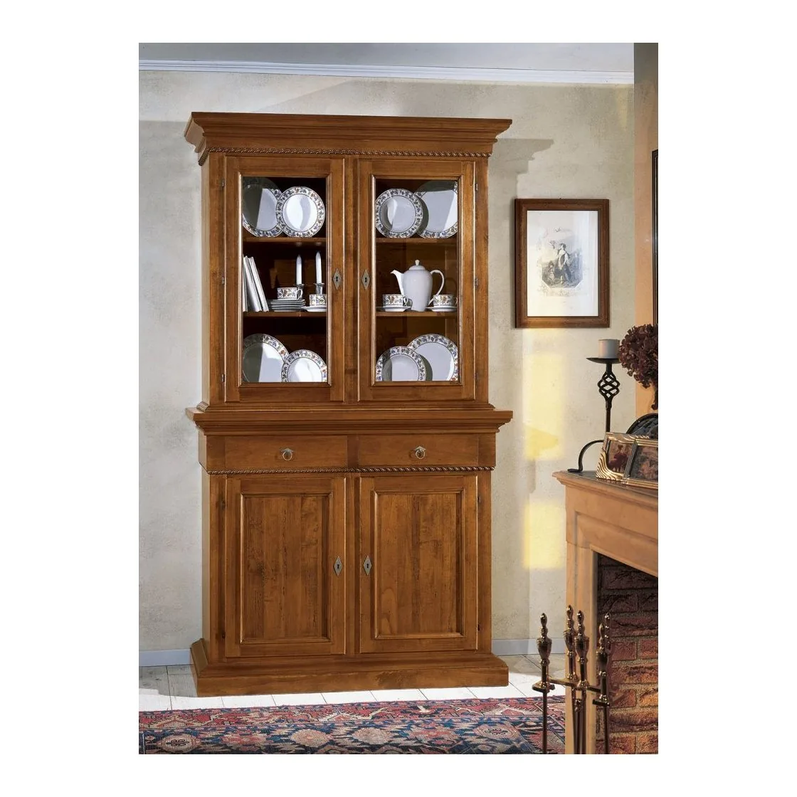 Epocantica vetrina alzata 2 porte 2 ripiani legno massello 135cm