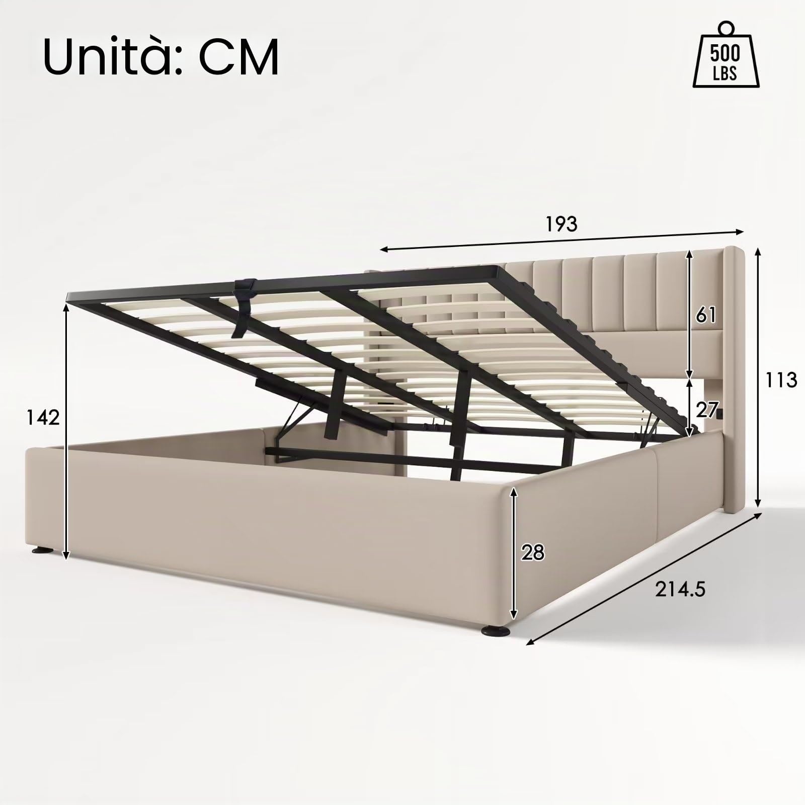 Dolamaní Letto Matrimoniale 180x200 Beige in Lino con Contenitore