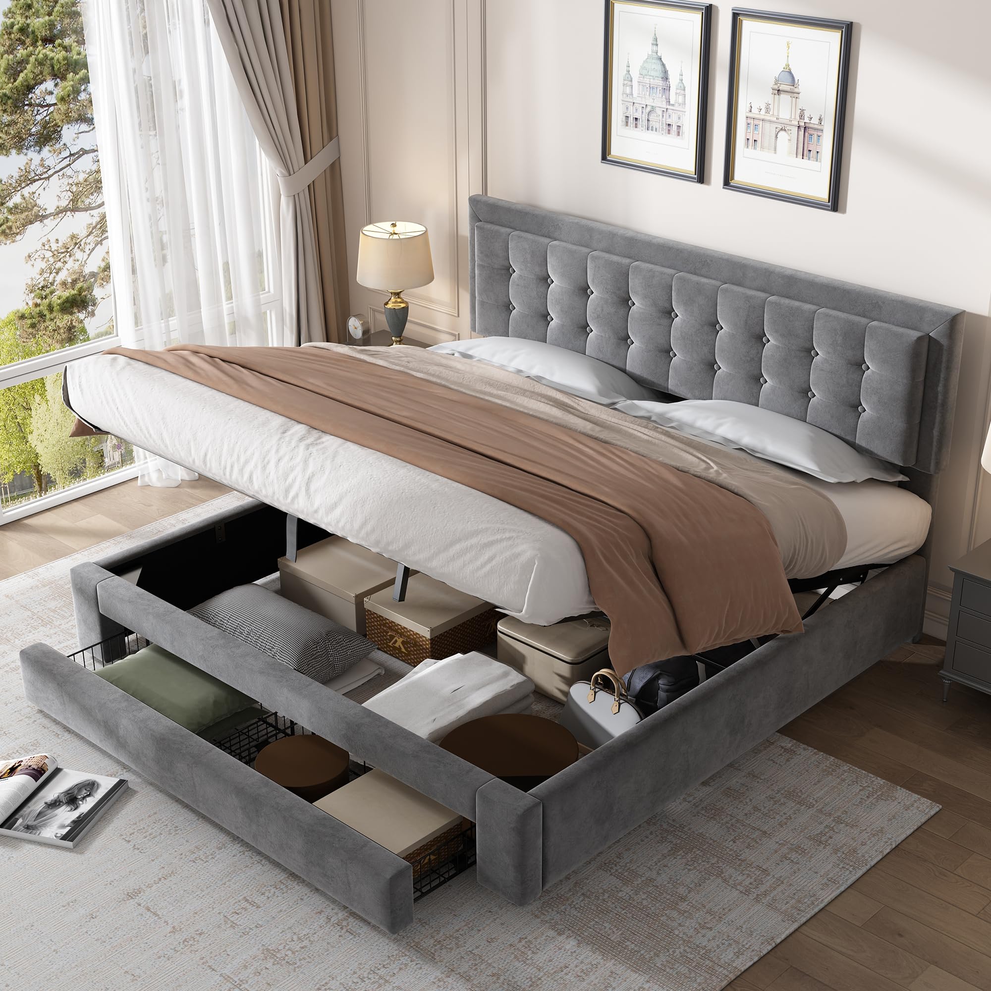 Dolamaní Letto Imbottito Grigio 180x200 Contenitore Tessuto