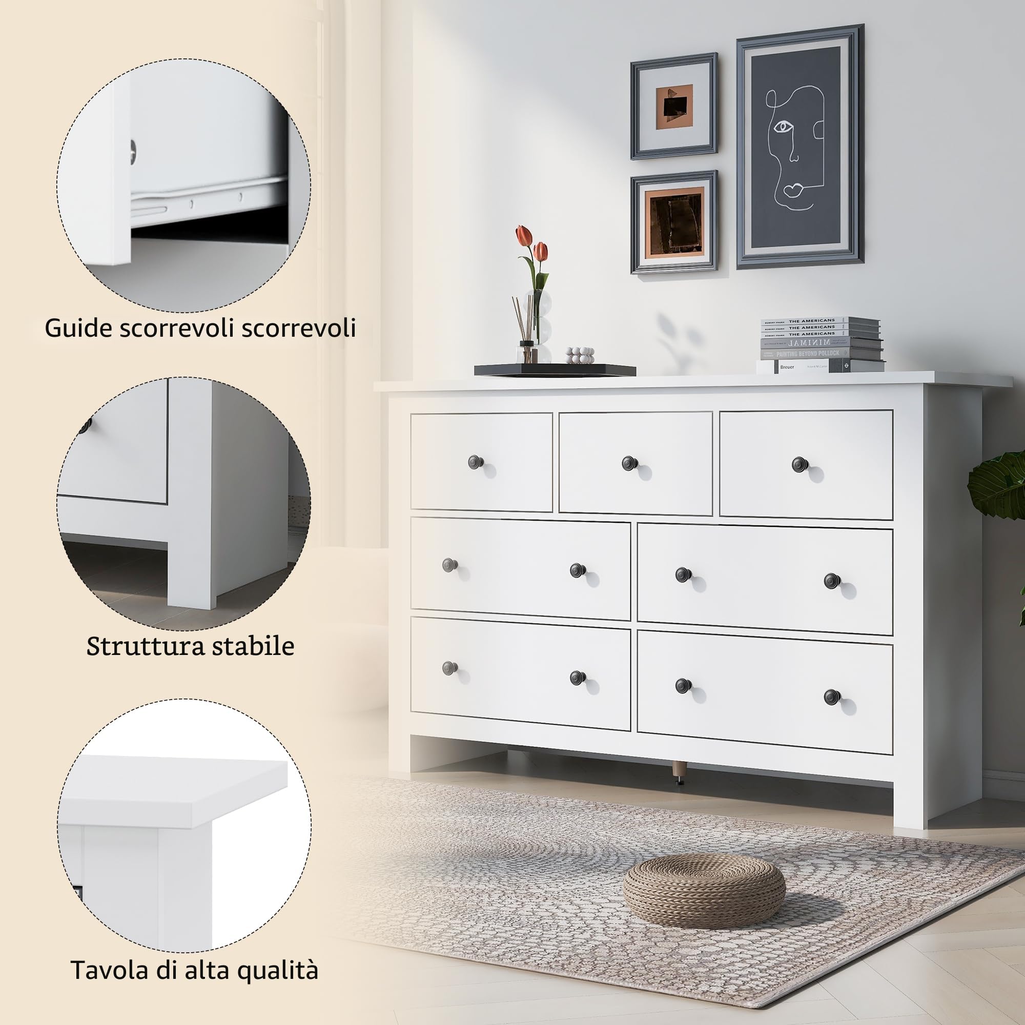 Dolamaní Cassettiera 7 Cassetti Bianco 152x40x89 cm