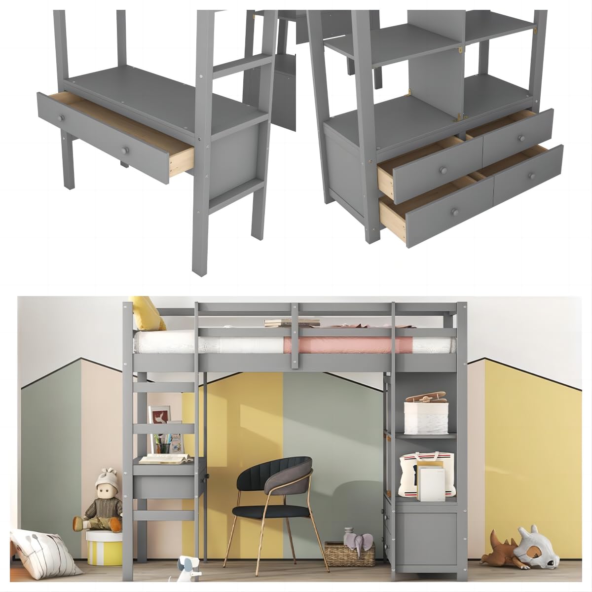 Dolamaní Letto Soppalco 90x200 Grigio con Scrivania e Cassetti