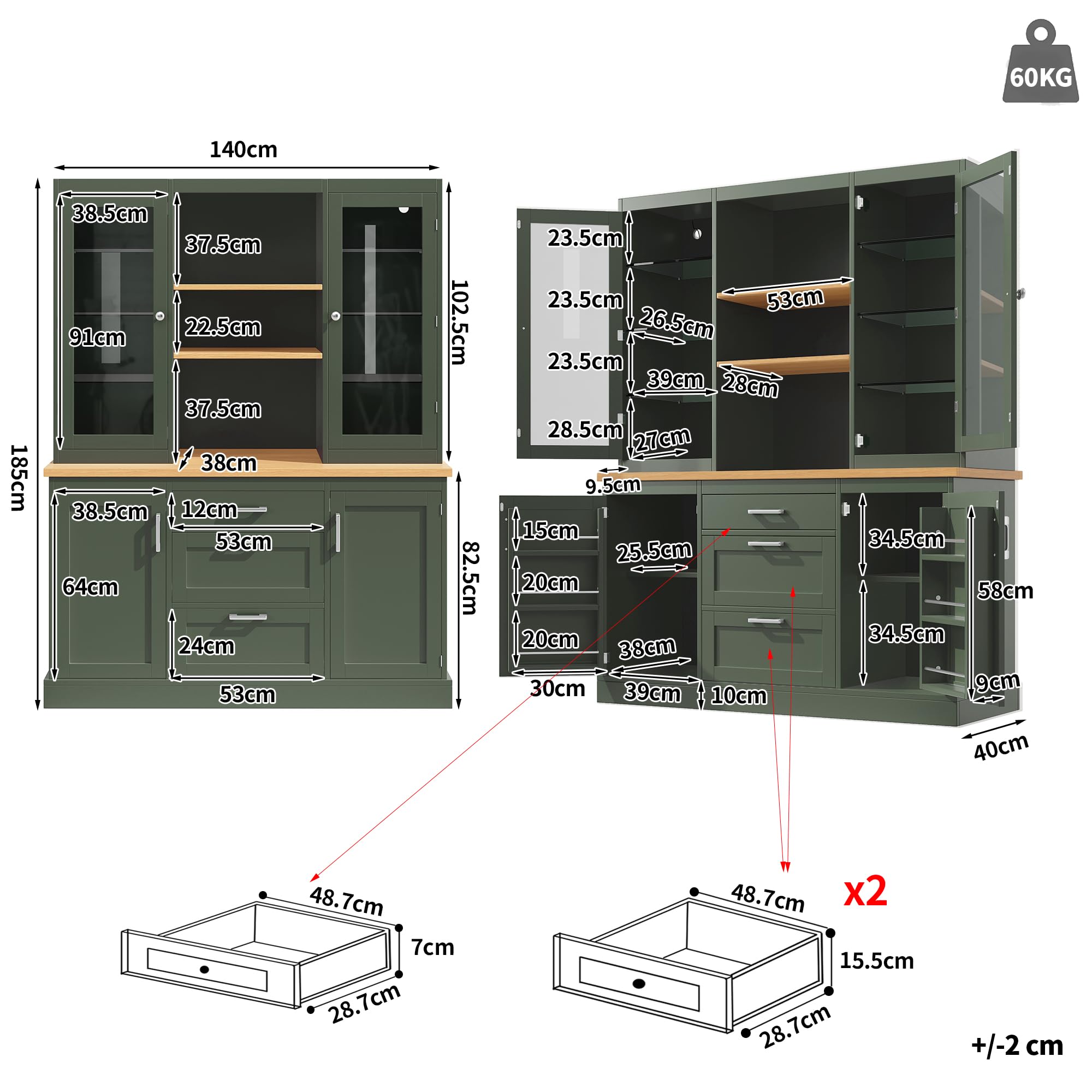 Dolamaní Credenza Verde 140x40x185 cm LED App 3 Cassetti