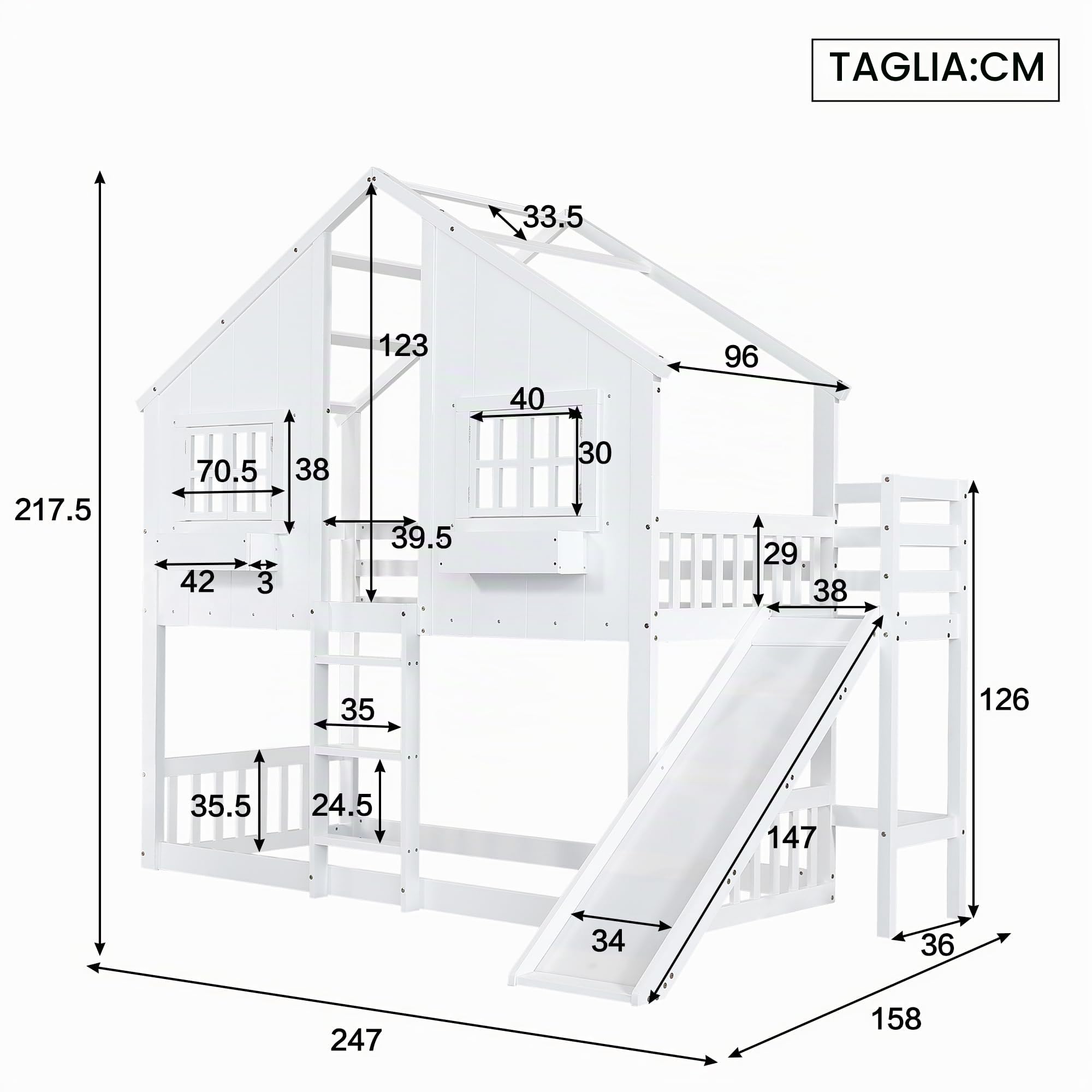 Dolamaní Letto a castello 90x200 con scivolo bianco