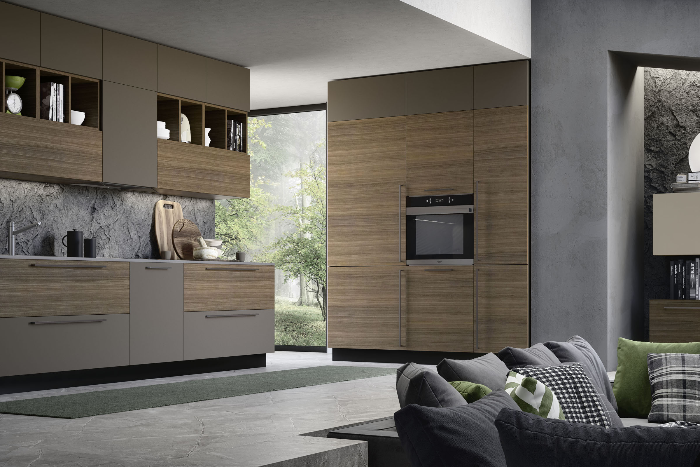 S75 Spot Chloé cucina eucalipto con living