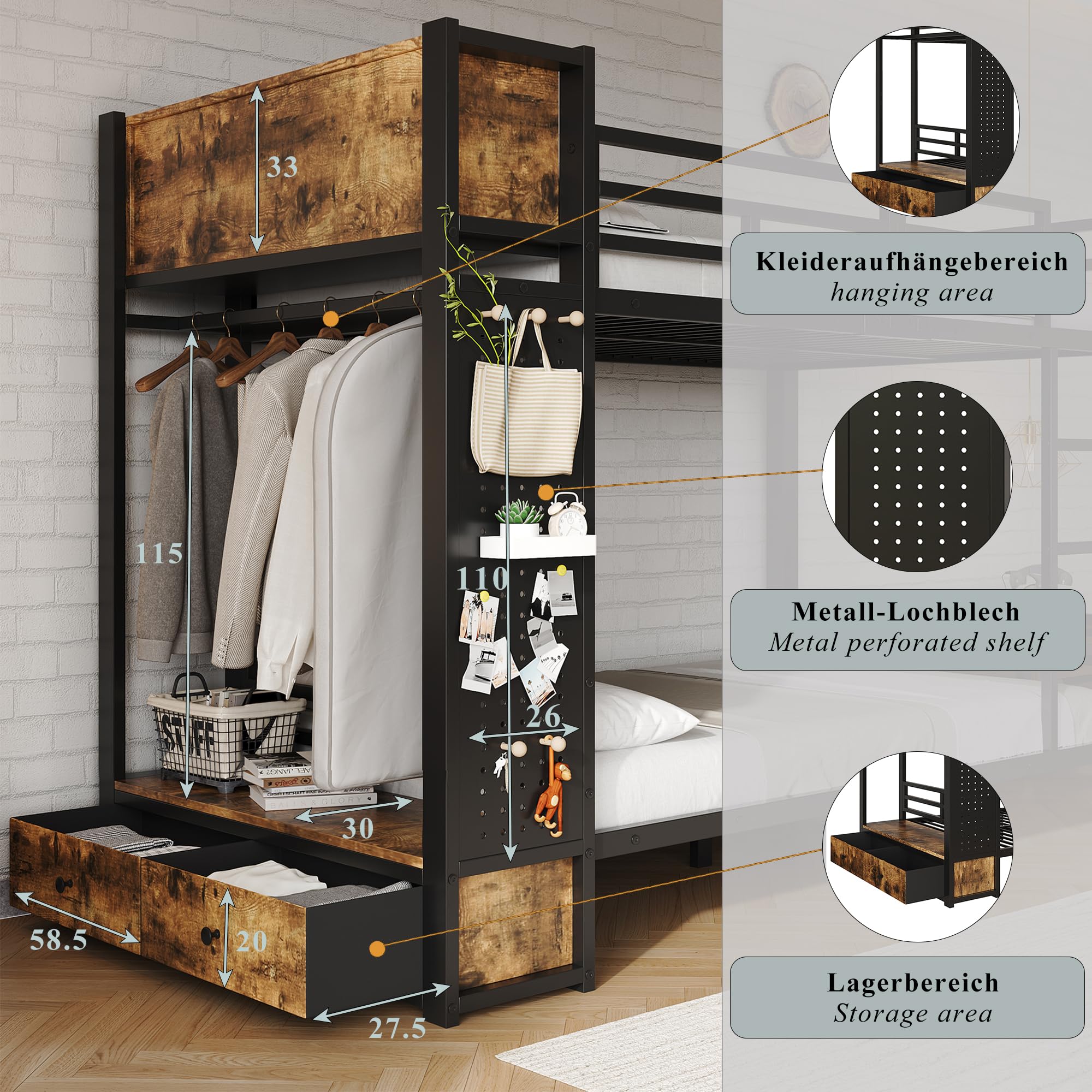 Dolamaní Letto a castello 120x200 cm metallo nero con contenitore