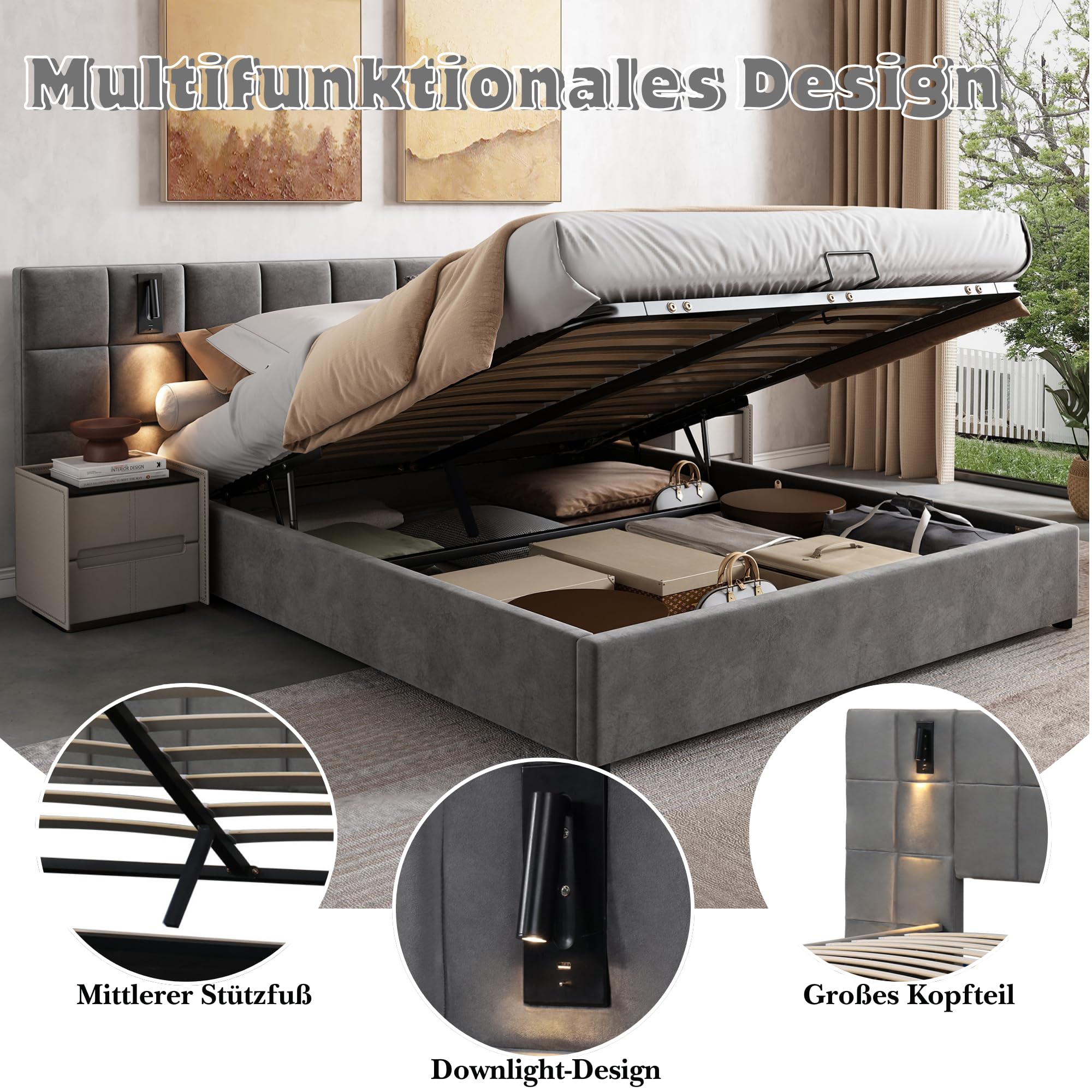 Dolamani letto imbottito contenitore 180x200 grigio velluto