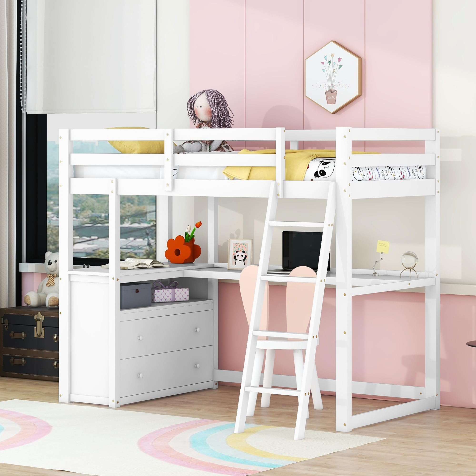 Dolamaní Letto a soppalco 90x200 bianco con scrivania e cassetti