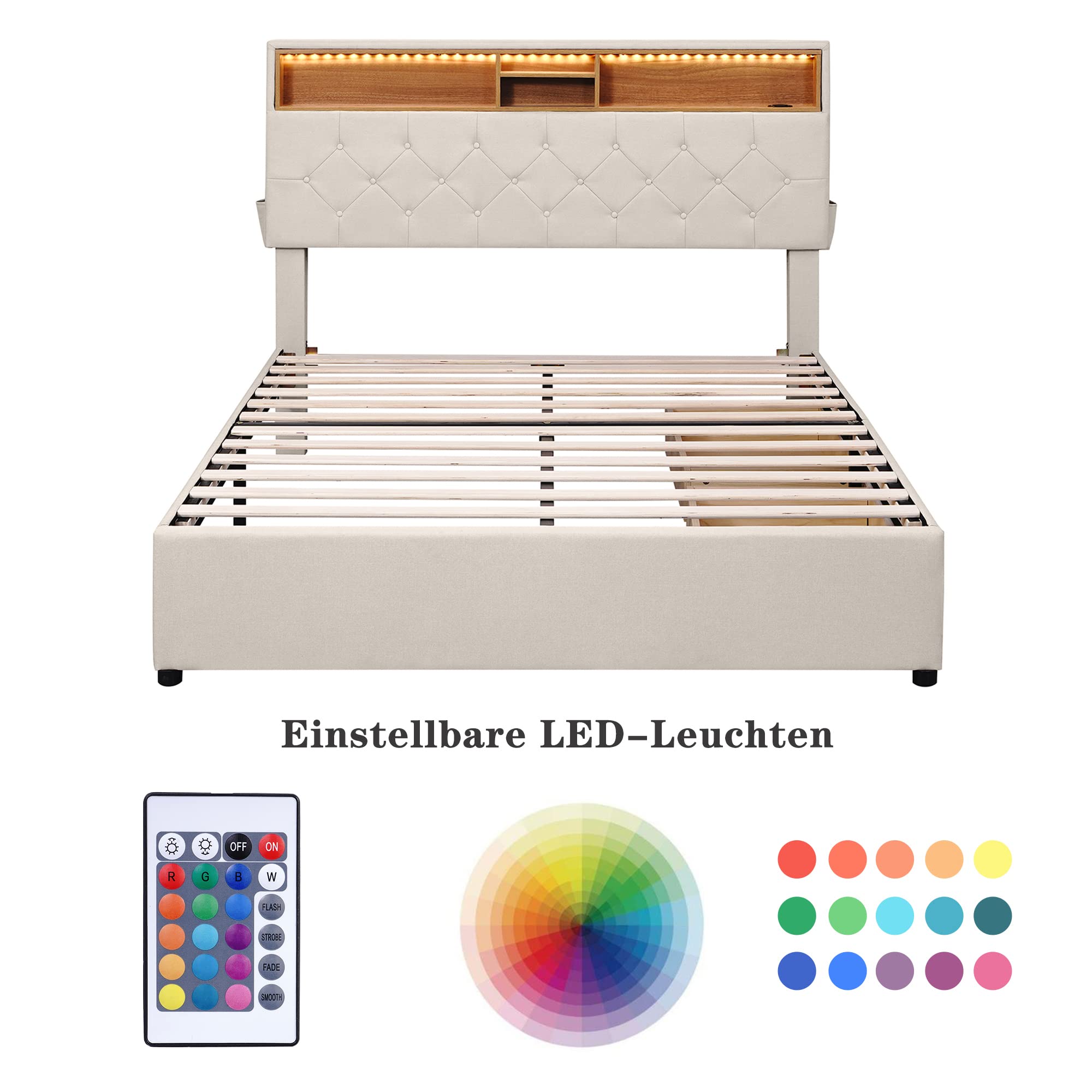 Dolamaní Letto Matrimoniale 140x200 Beige con 2 Cassetti