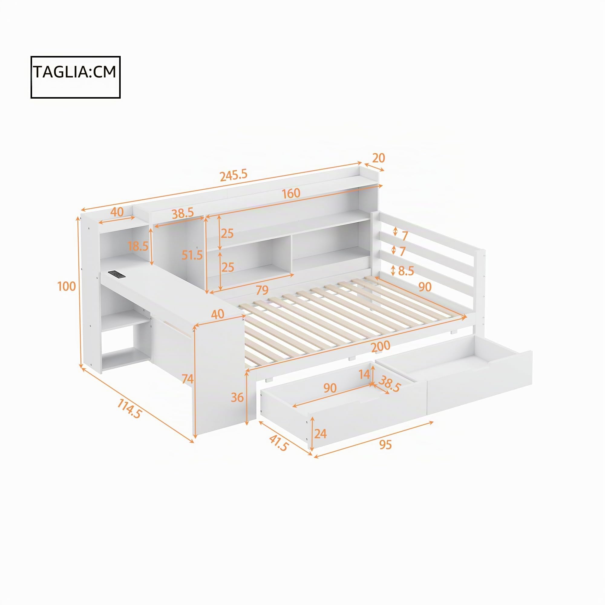 Dolamaní Letto 90x200 con scrivania e cassetti bianco
