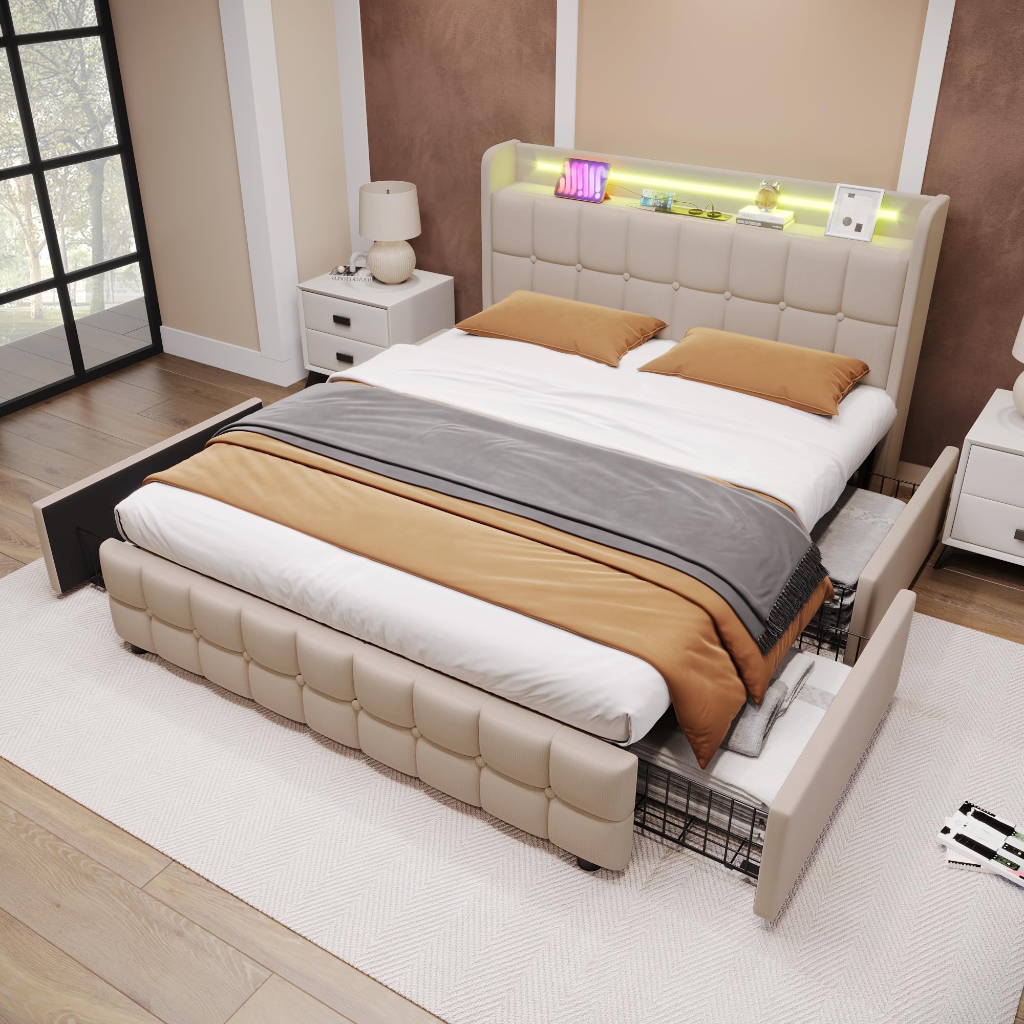 Dolamaní Letto Matrimoniale 180x200 Beige 4 Cassetti imbottito