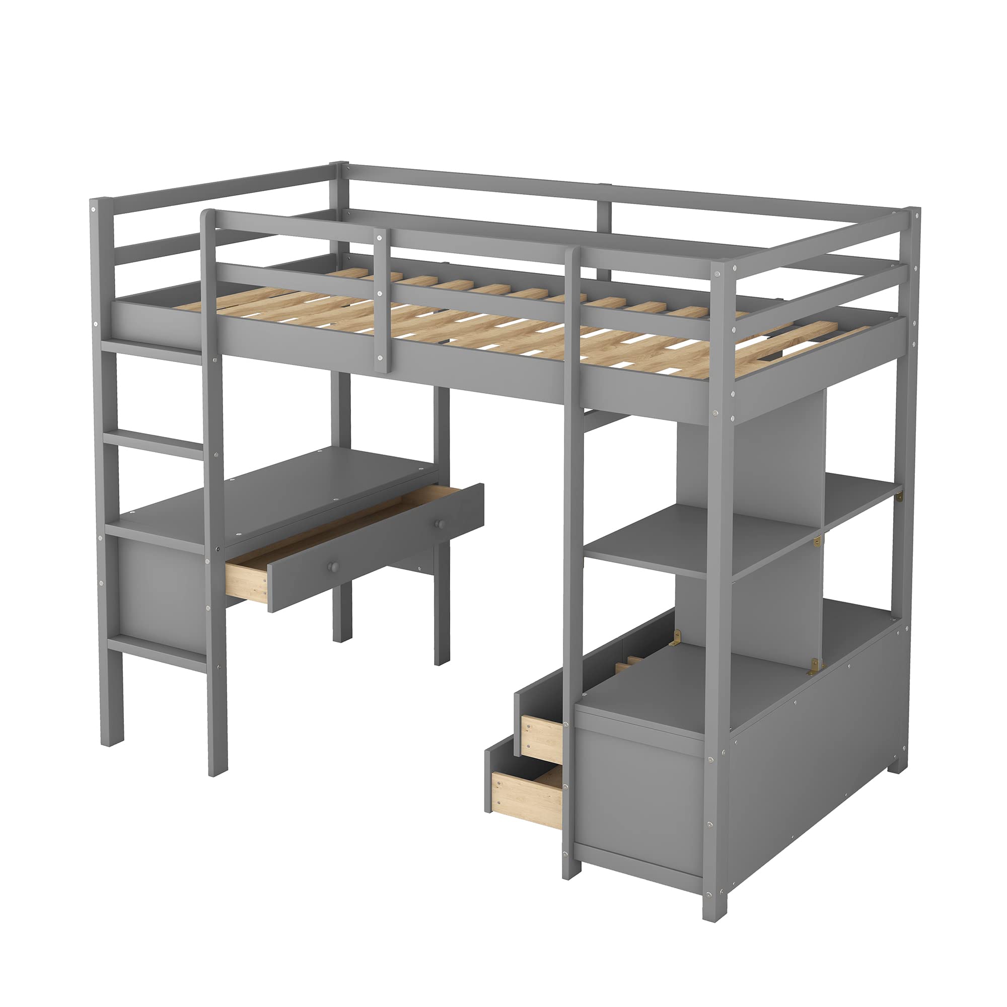 Dolamaní Letto Soppalco 90x200 Grigio con Scrivania e Cassetti