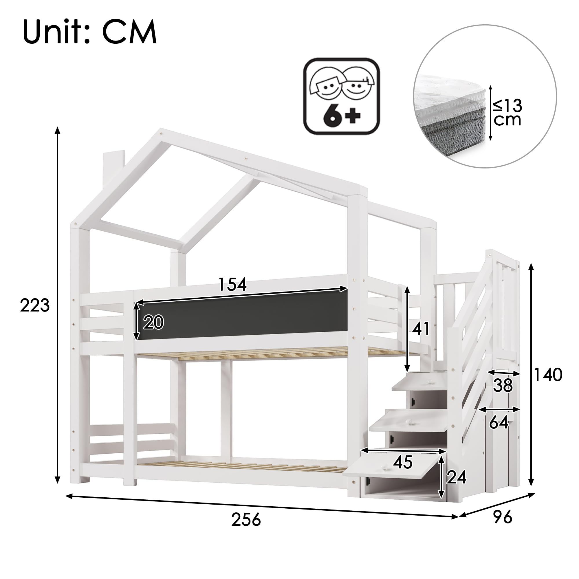 Dolamaní Letto a soppalco 90x200 bianco con scivolo e scala