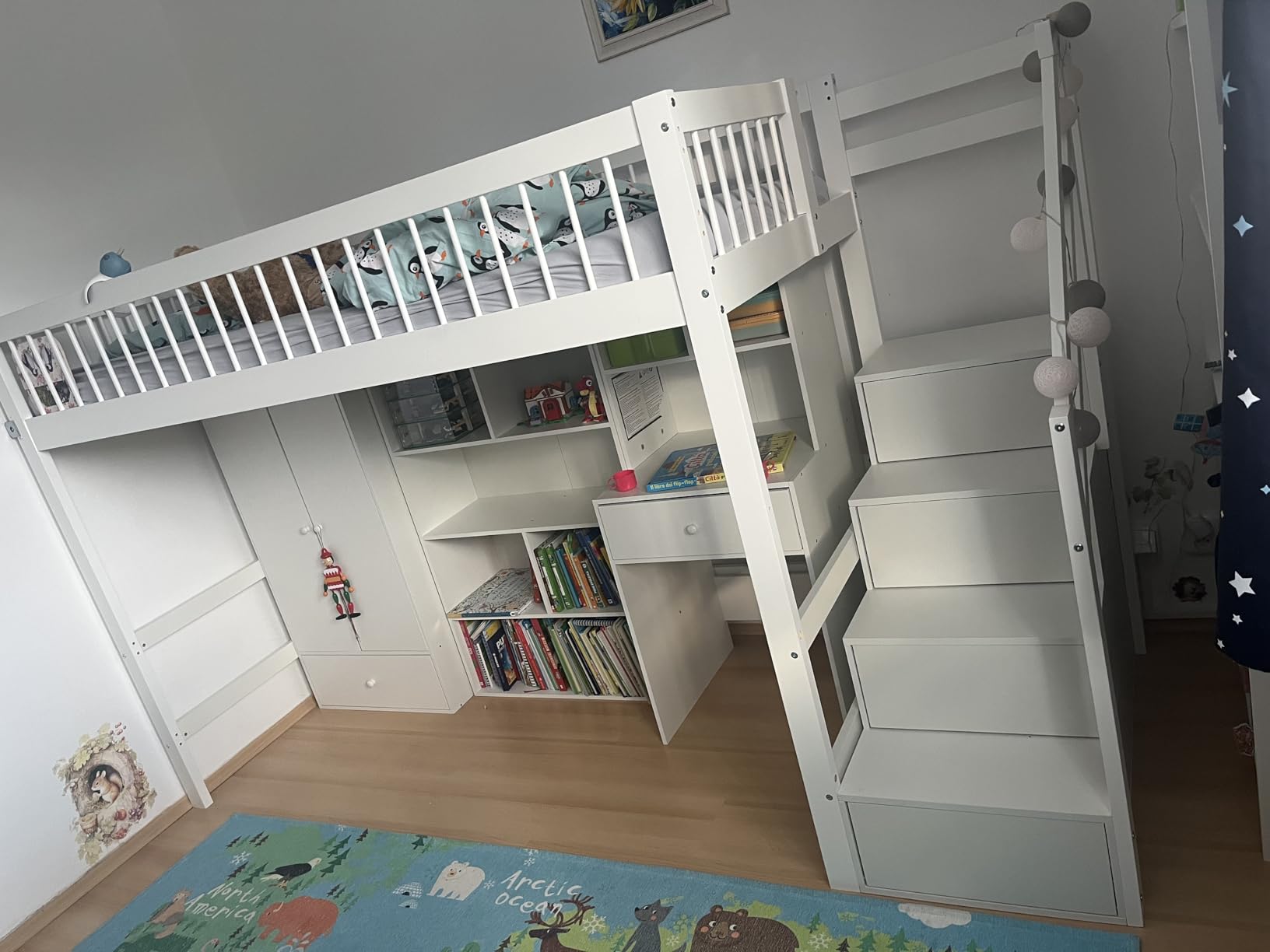 Dolamaní Letto a Soppalco 90x200 con Scrivania Bianco in Legno