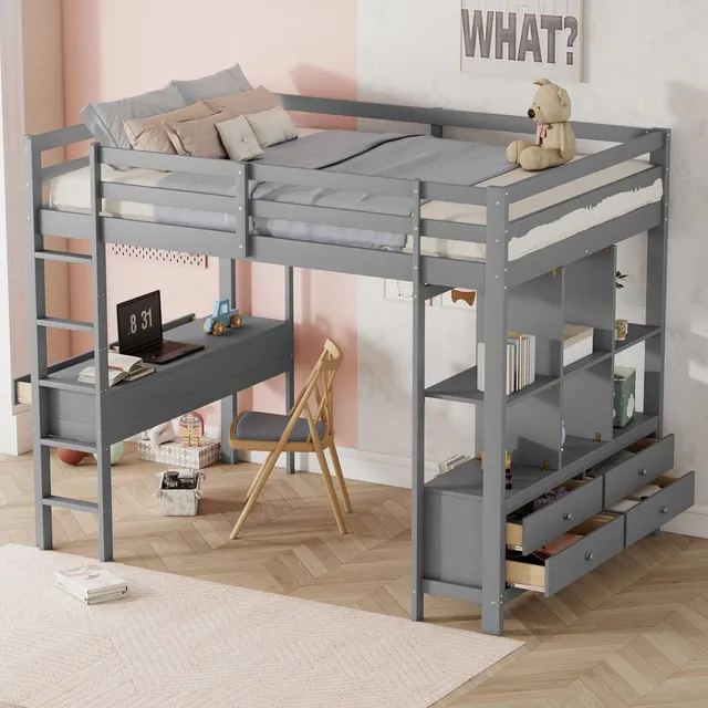 Dolamaní Letto Soppalco 140x200 Grigio con Scrivania e Cassetti