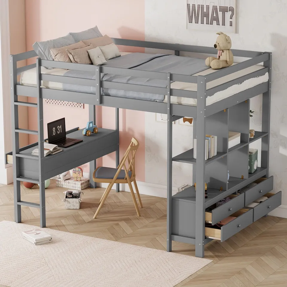 Dolamaní Letto Soppalco 140x200 Grigio con Scrivania e Cassetti