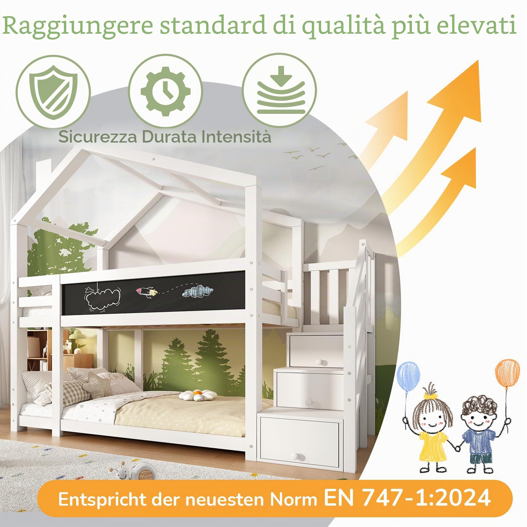 Dolamaní Letto a soppalco 90x200 bianco con scivolo e scala