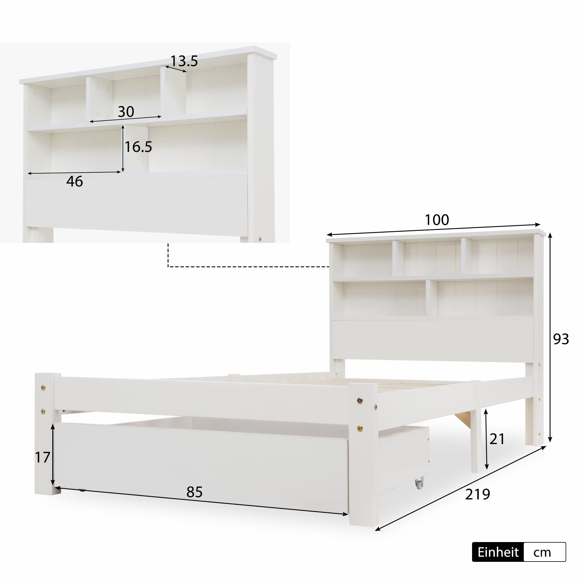 Dolamaní Letto Singolo Bianco 90x200 con Cassetti Legno