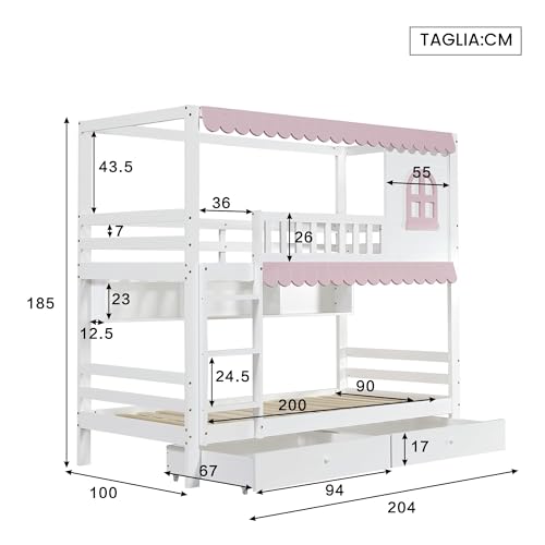 Dalamaní Letto a Castello 90x200 Bianco Rosa con Tenda e Cassetti