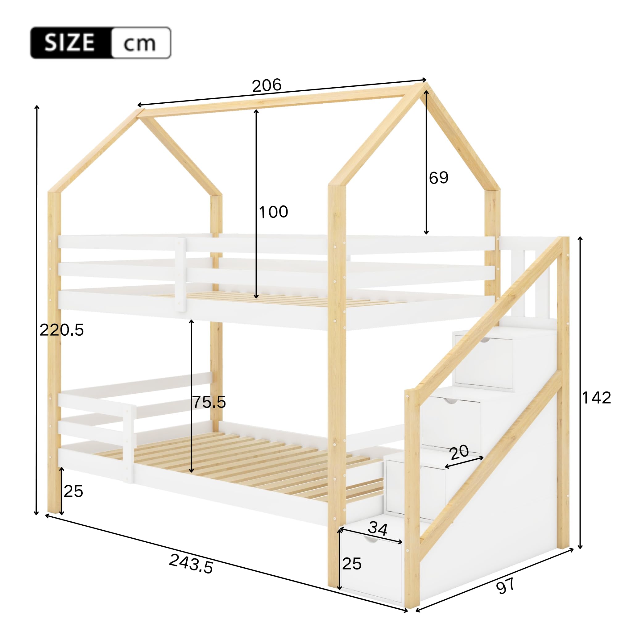 Dolamaní Letto a castello 90x200 naturale con cassetti