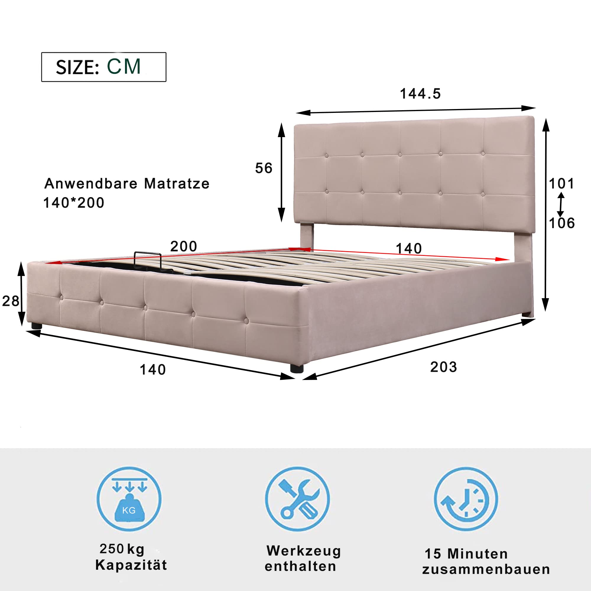 Dolamaní Letto Contenitore 140x200 Rosa in Velluto Idraulico