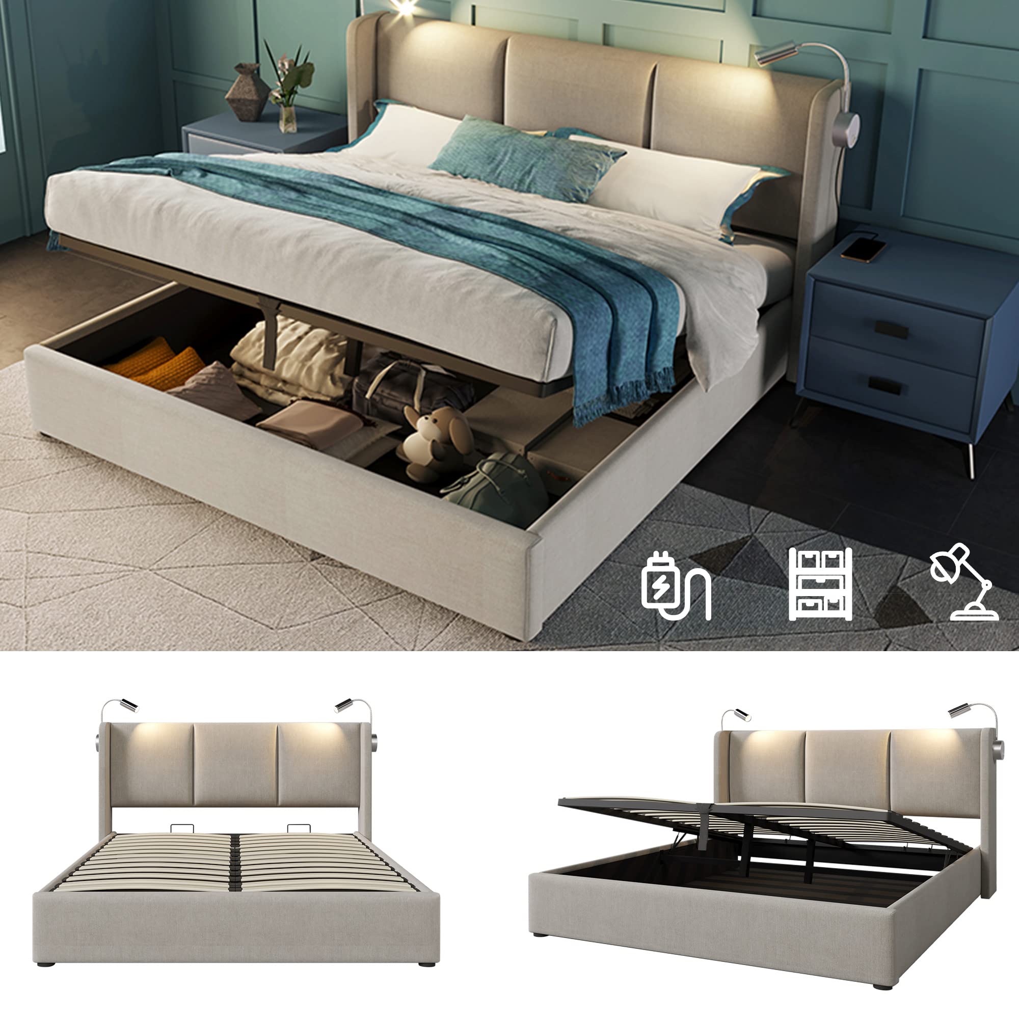 Dolamani letto imbottito beige 140x200 con contenitore in lino