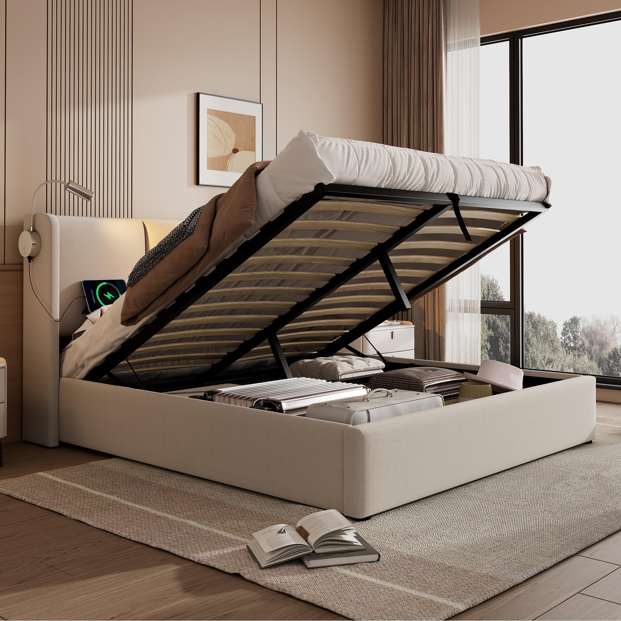Dolamani letto imbottito beige 140x200 con contenitore in lino