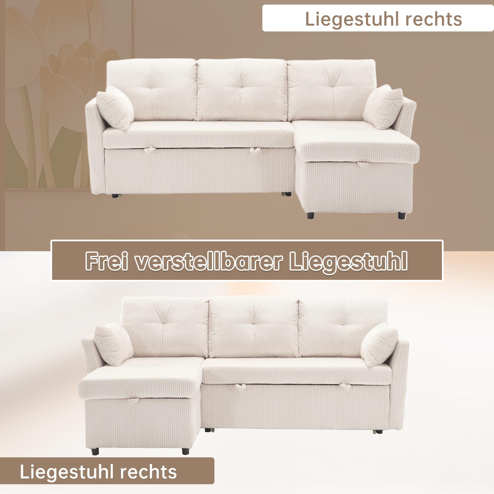 Dolamaní Divano Letto a L Beige in Velluto con Contenitore