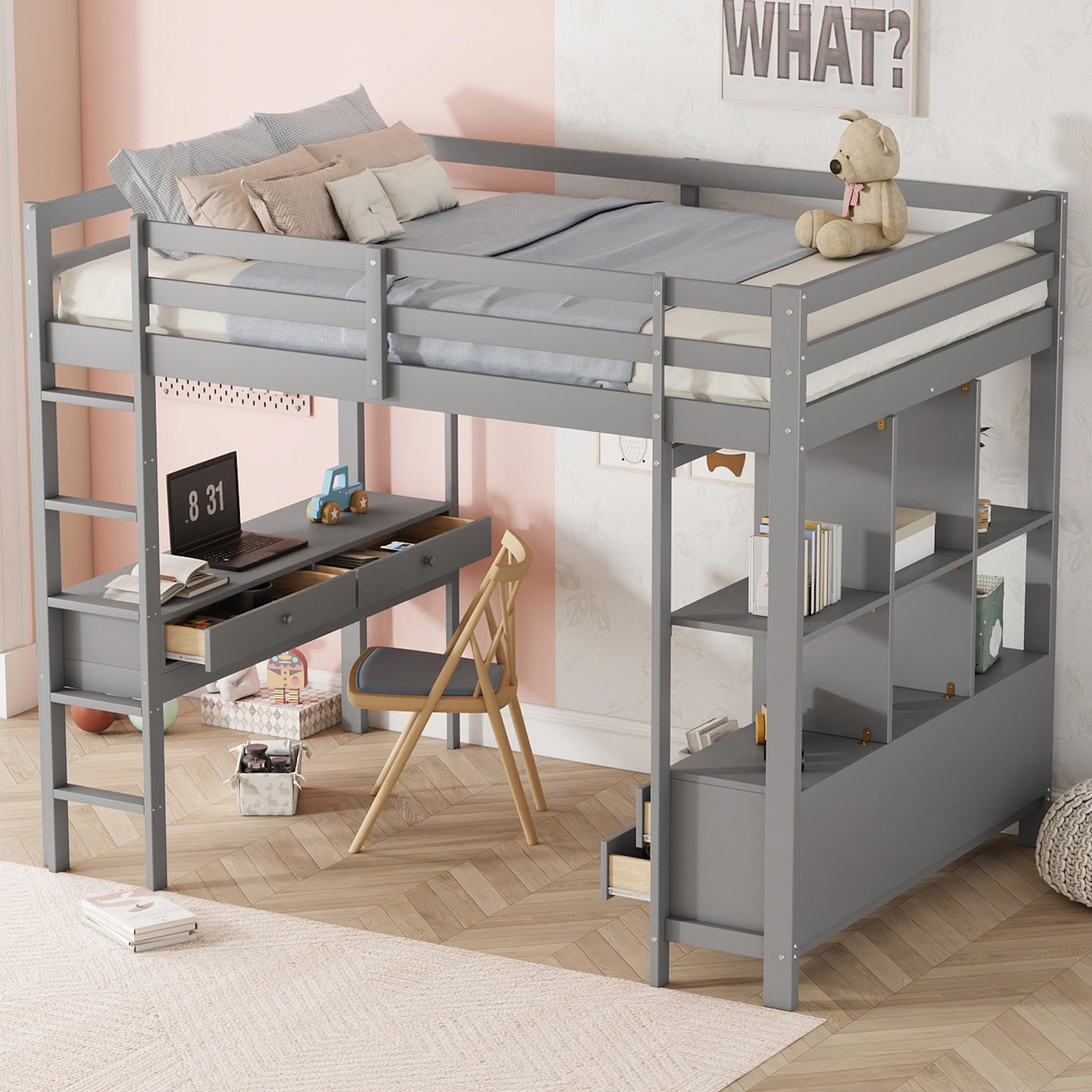 Dolamaní Letto Soppalco 140x200 Grigio con Scrivania e Cassetti
