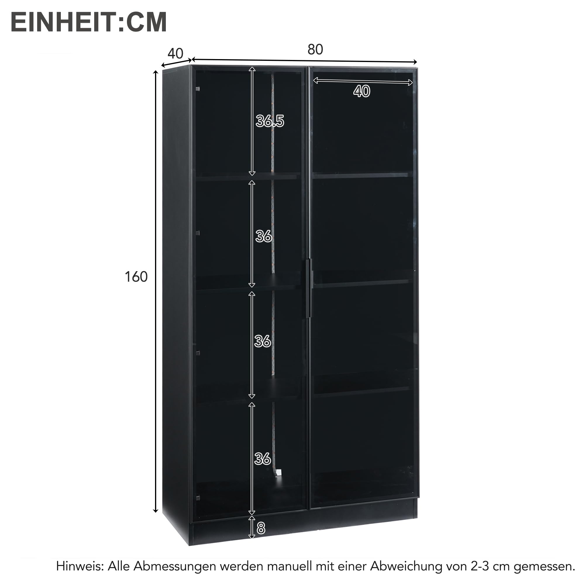 Dolamaní Vetrina in vetro 80x40x160 nera con LED e 2 ante