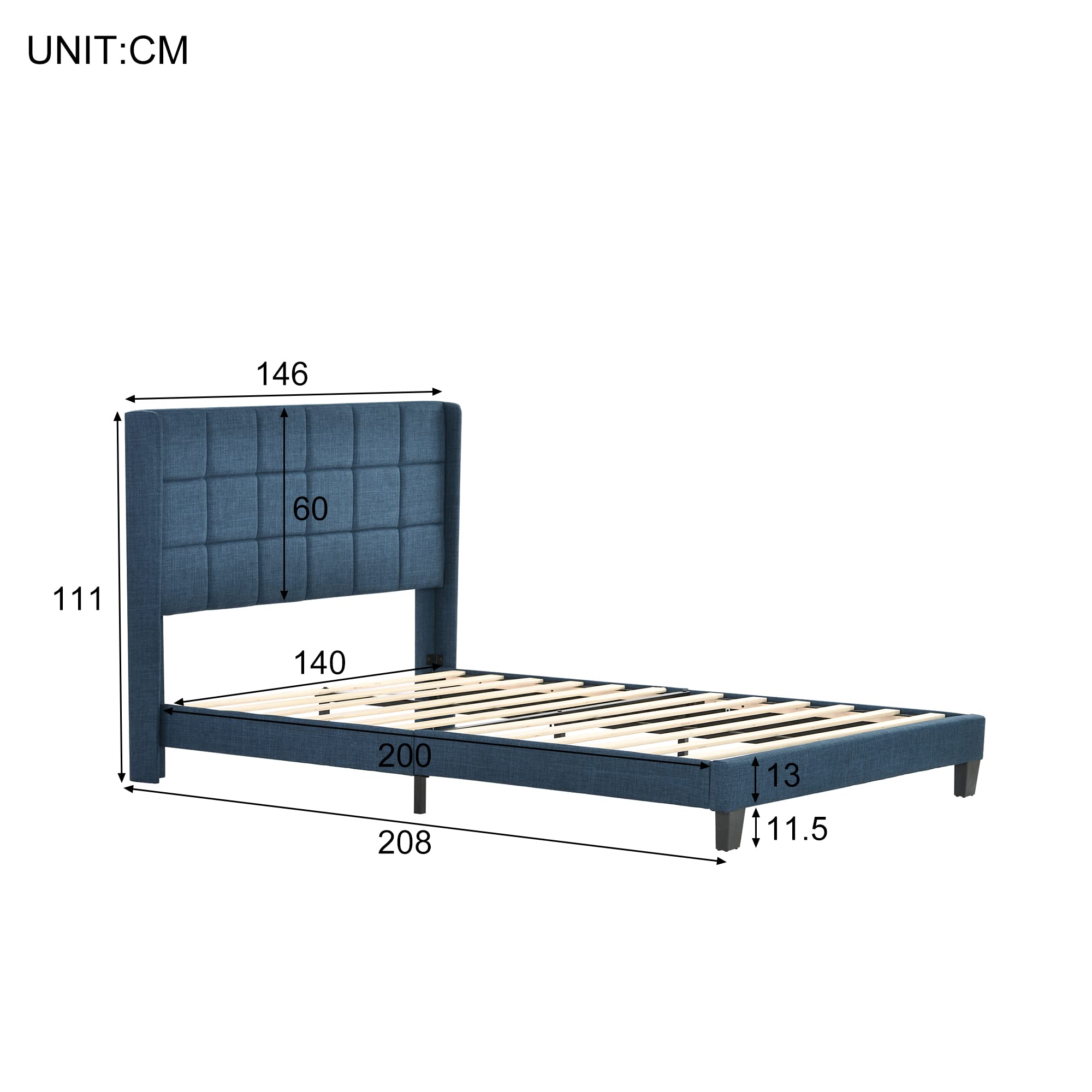 Dolamaní Letto imbottito 140x200 blu in lino con rete