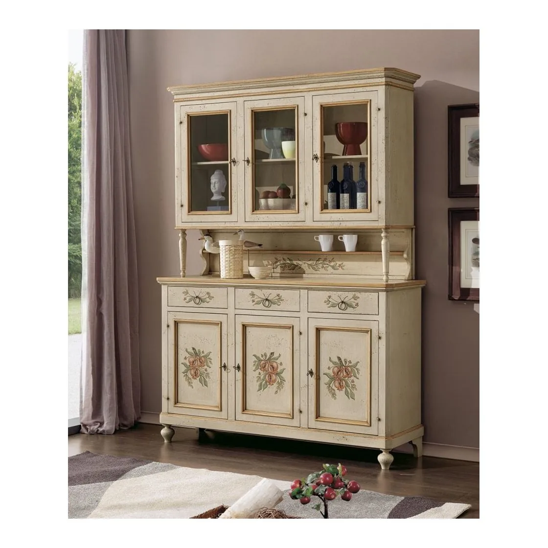Epocantica Vetrina Alzata 3 Porte Avorio Decorata 156 cm