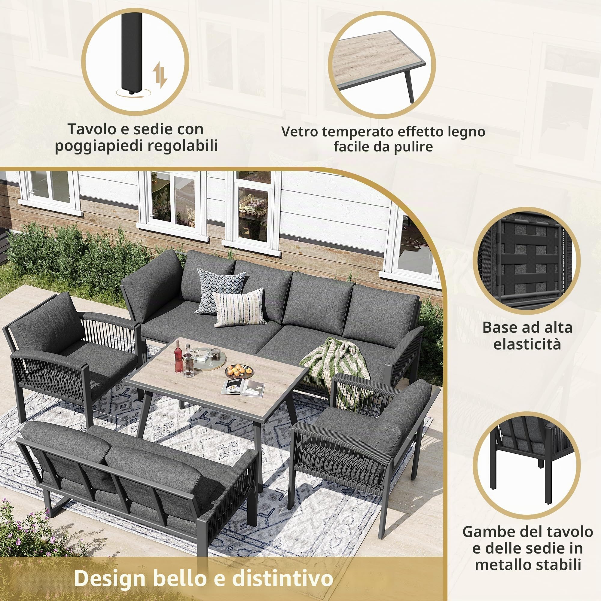 Dolamaní Set Mobili da Giardino Grigio 8 Posti con Cuscini