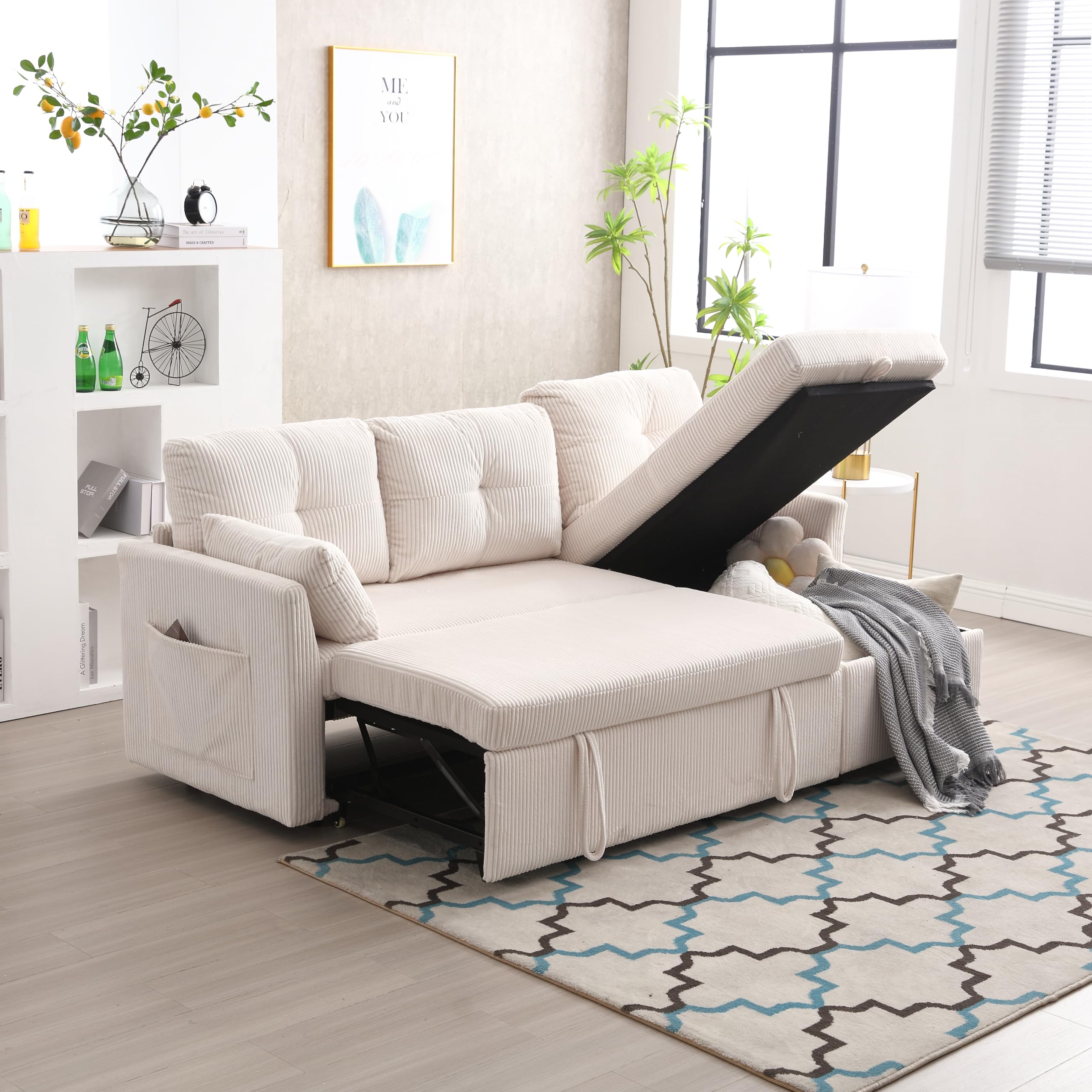Dolamaní Divano Letto a L Beige in Velluto con Contenitore