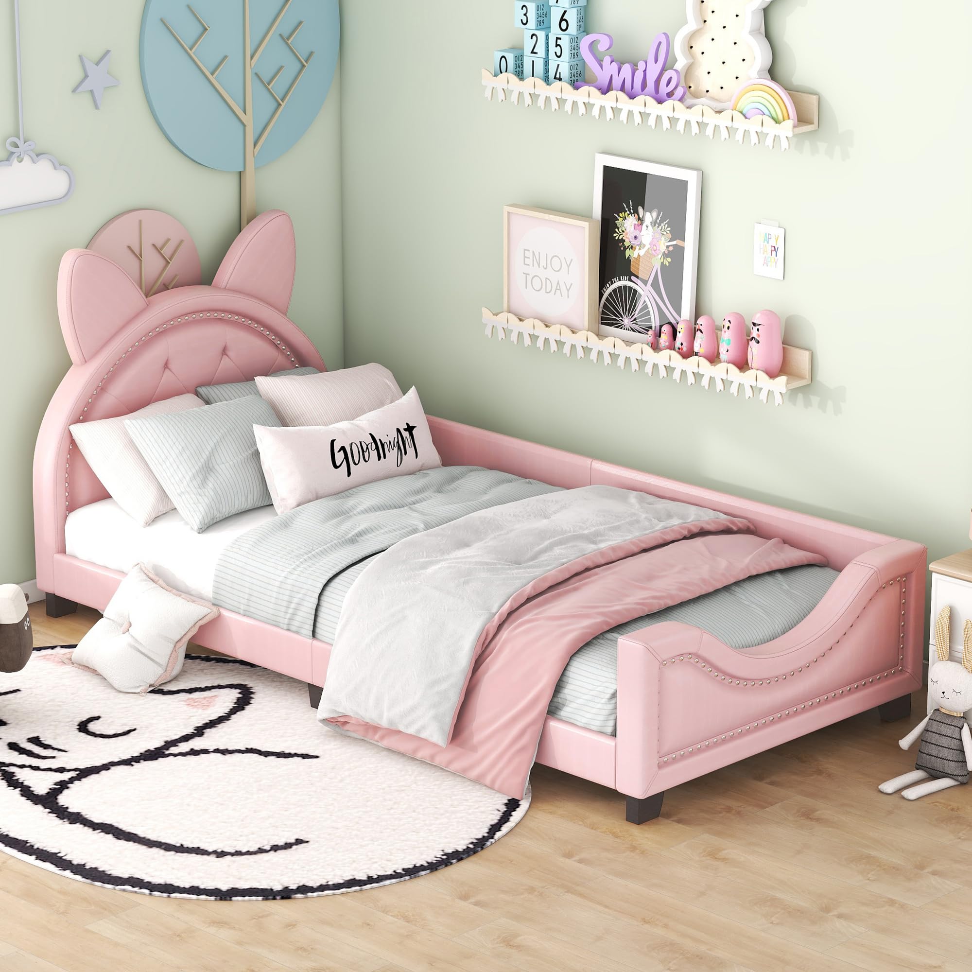 Dolamaní Letto bambini 90x200 rosa in ecopelle orecchie gatto