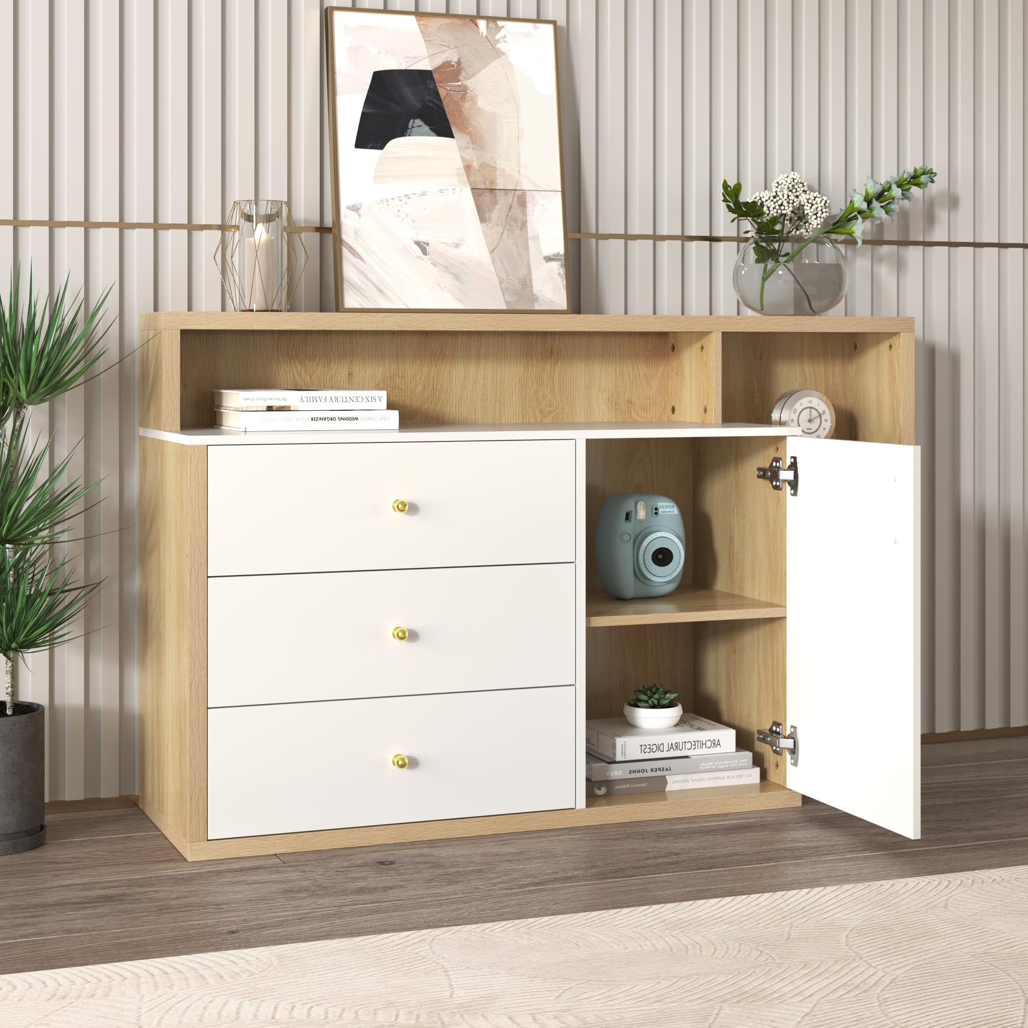 Dolamaní Credenza 140 cm bianca 3 cassetti ante vetro maniglie oro