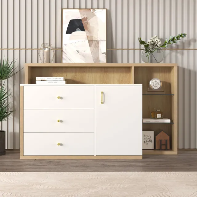 Dolamaní Credenza 140 cm bianca 3 cassetti ante vetro maniglie oro