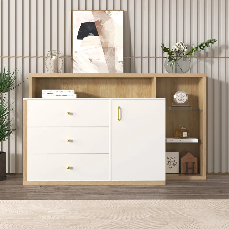Dolamaní Credenza 140 cm bianca 3 cassetti ante vetro maniglie oro