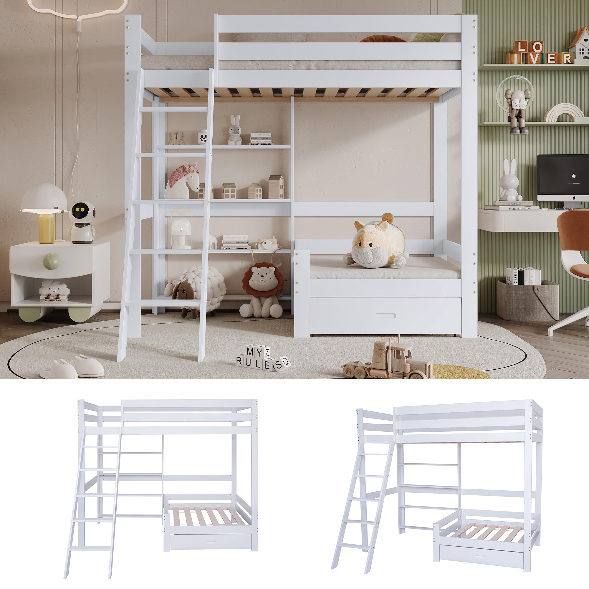 Dolamaní letto a soppalco 90x200 bianco con divano