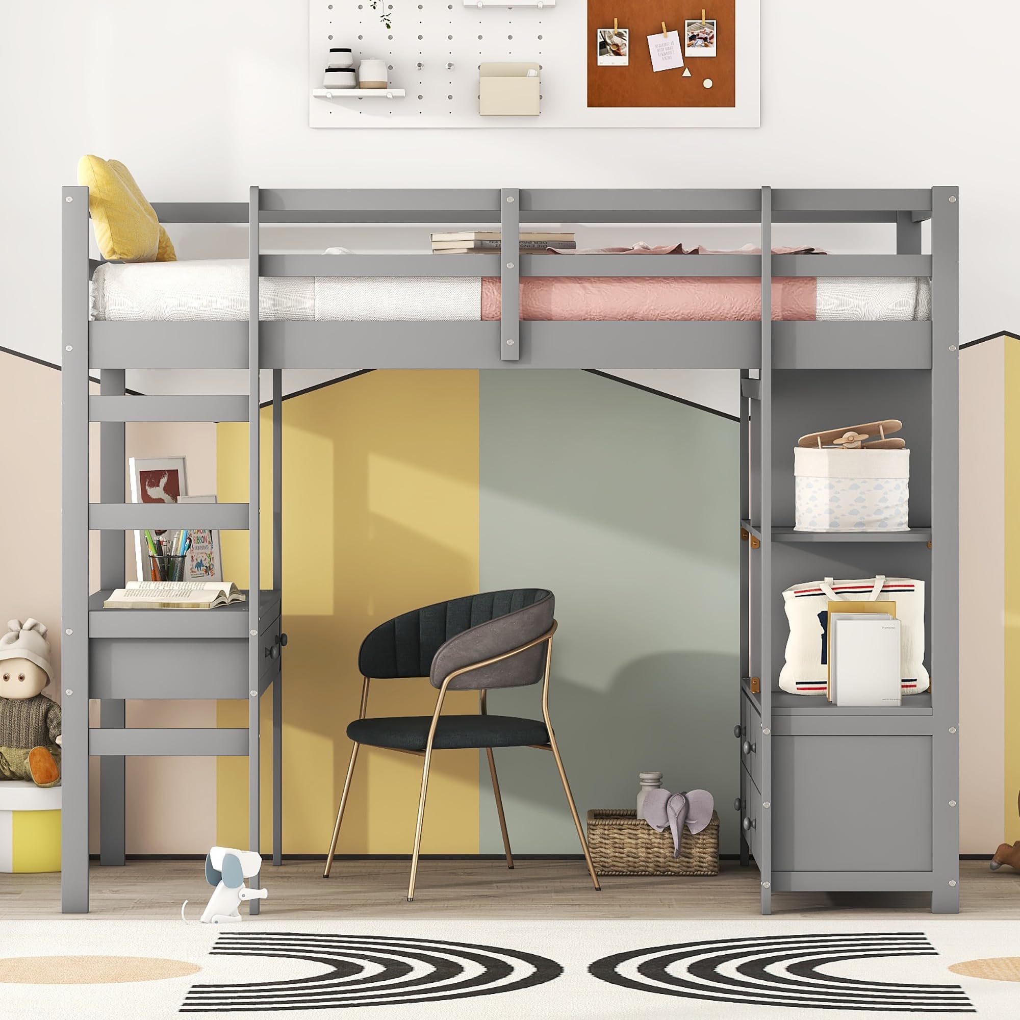 Dolamaní Letto Soppalco 90x200 Grigio con Scrivania e Cassetti