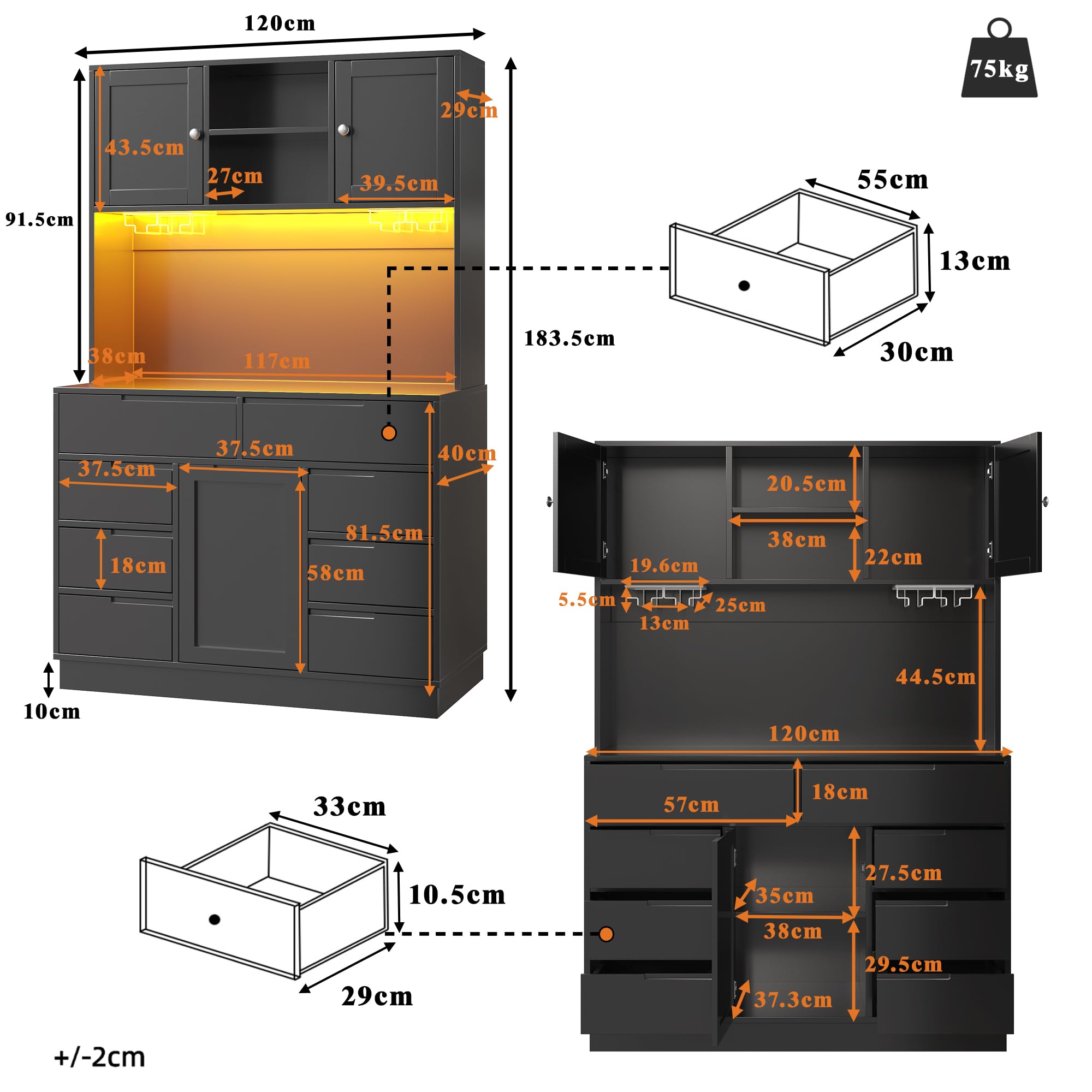 Dolamaní Mobile Alto Nero 120x40x183,5 cm LED USB