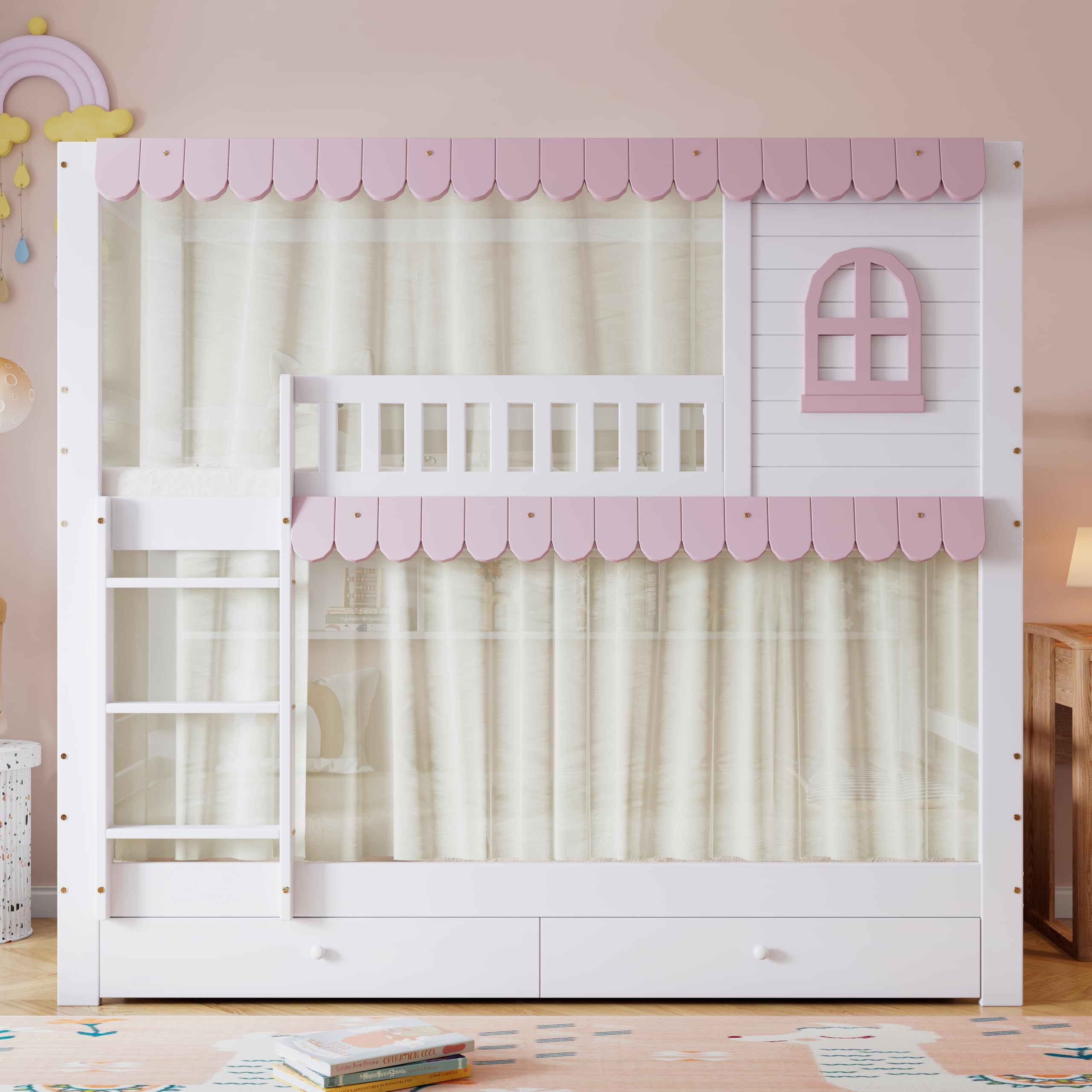 Dalamaní Letto a Castello 90x200 Bianco Rosa con Tenda e Cassetti
